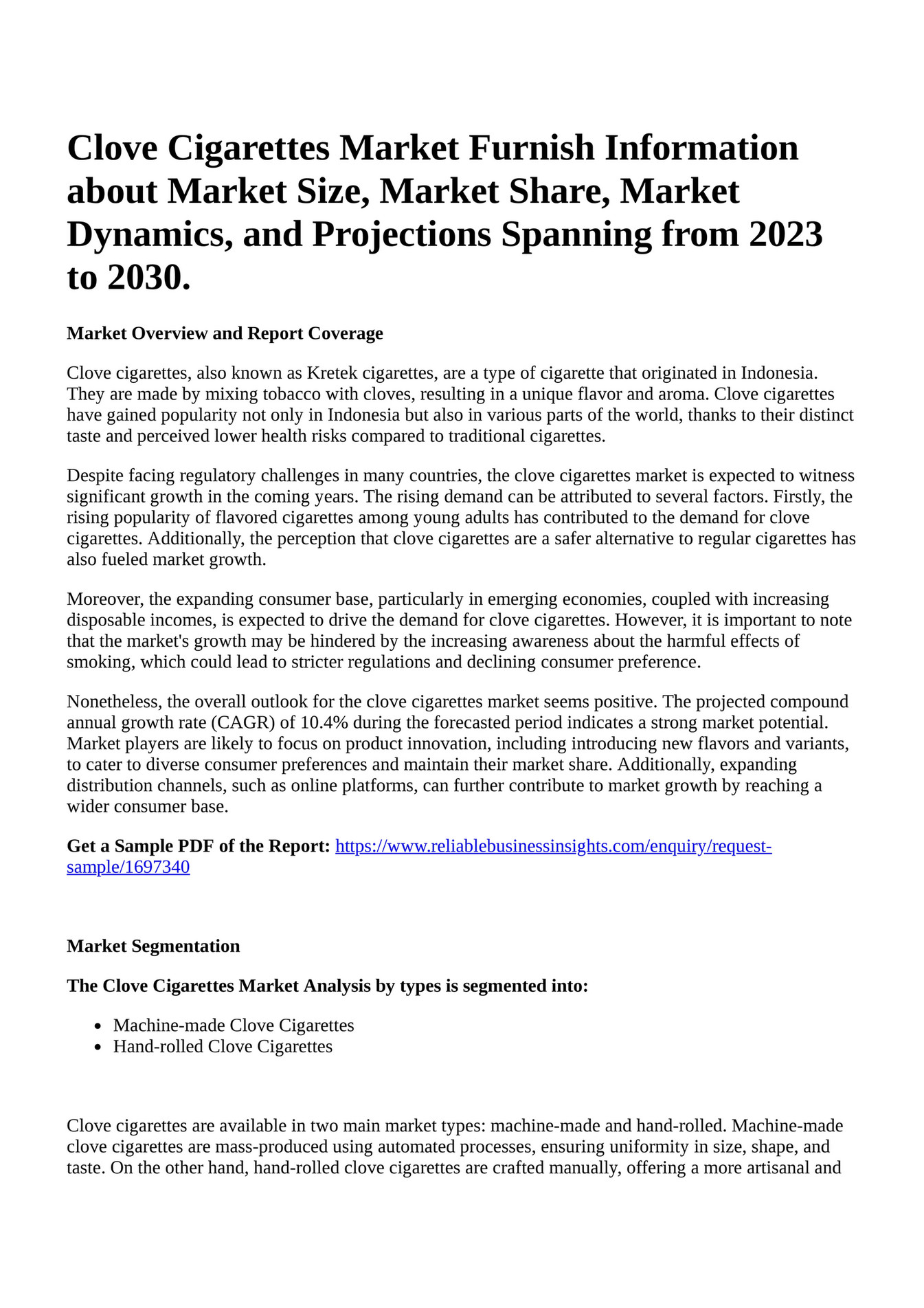 Reportprime Clove Cigarettes Market Furnish Information about Market