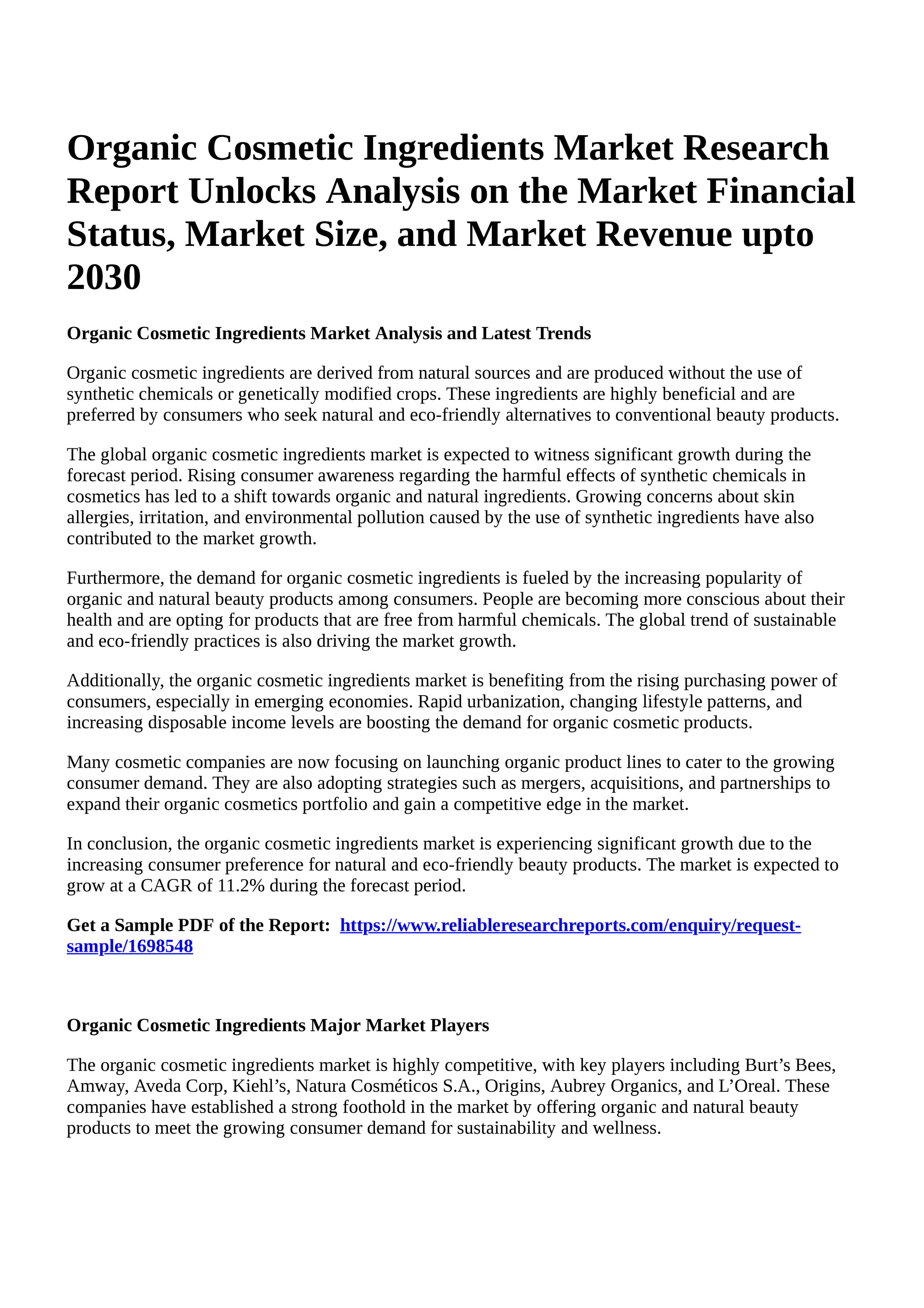 Reportprime - Organic Cosmetic Ingredients Market Research Report ...