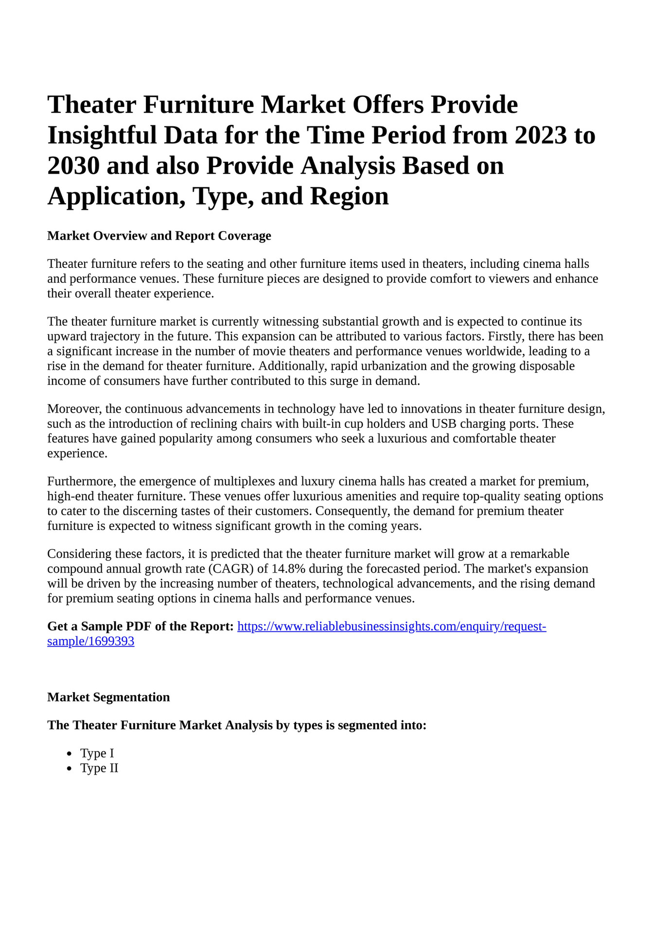 Reportprime Theater Furniture Market Offers Provide Insightful Data for the Time Period from