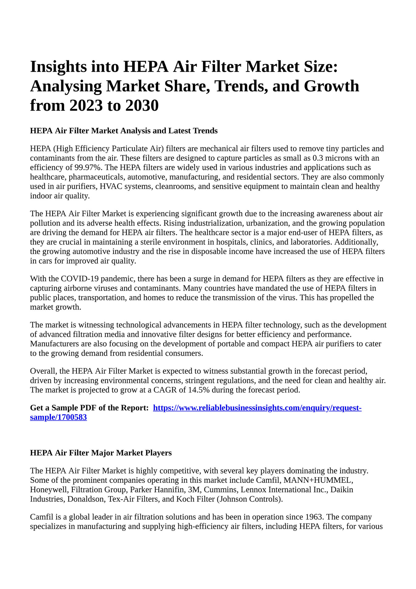 Reportprime Insights into HEPA Air Filter Market Size Analysing