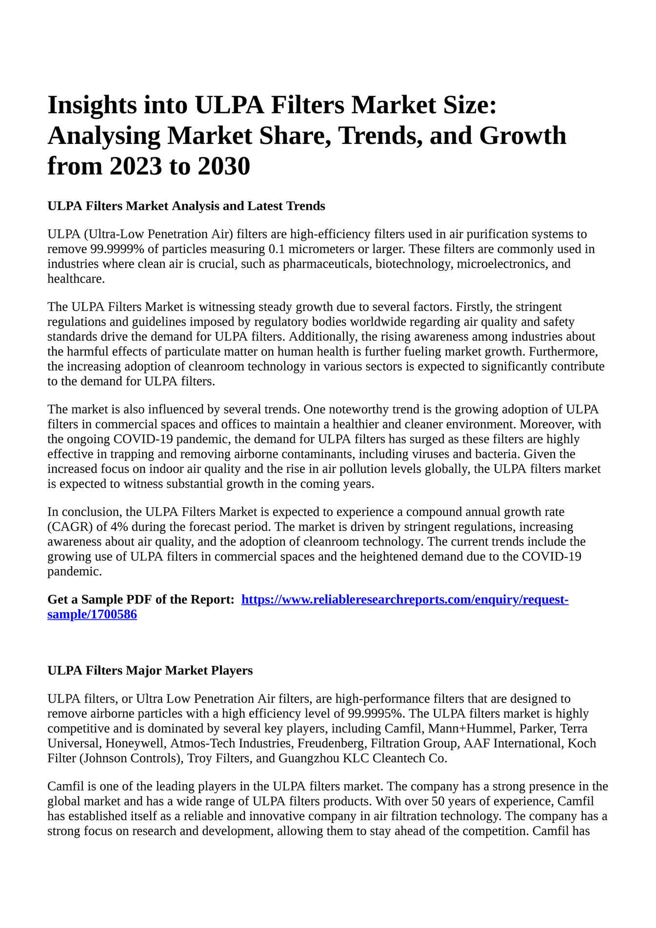 Reportprime Insights into ULPA Filters Market Size Analysing Market