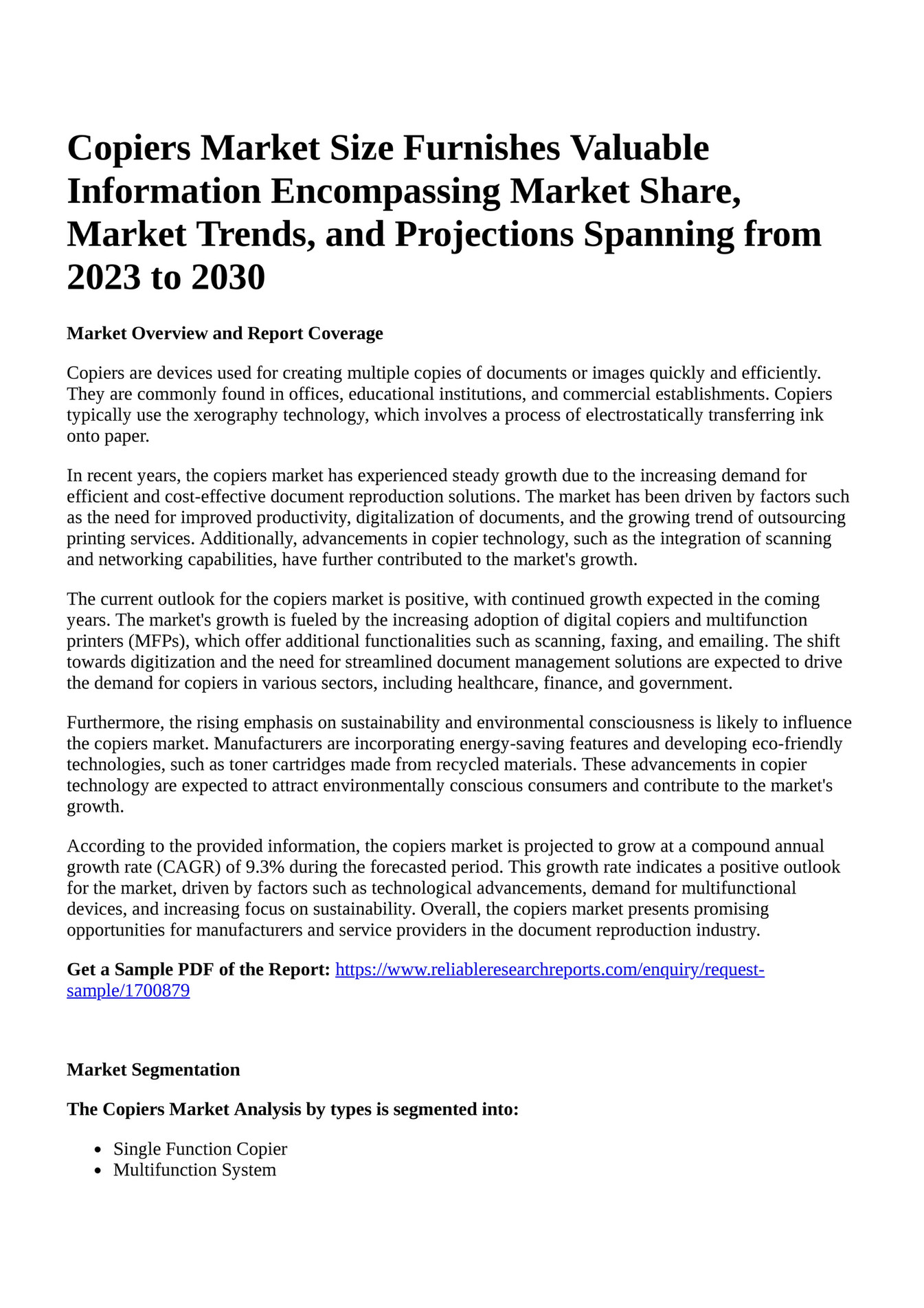 Reportprime Copiers Market Size Furnishes Valuable Information