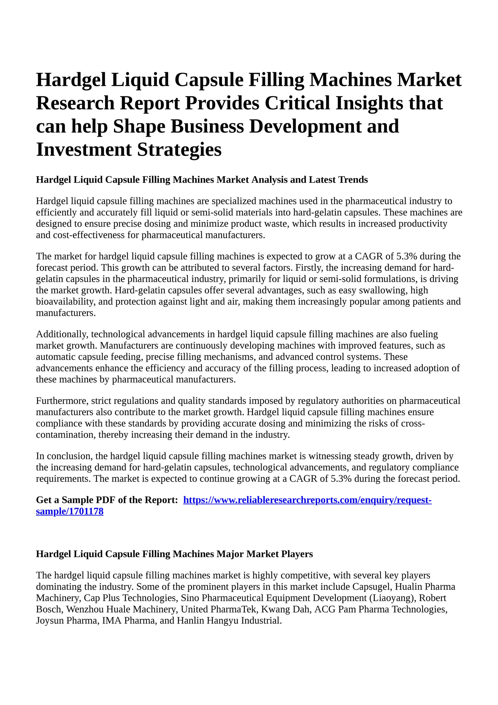 Reportprime - Hardgel Liquid Capsule Filling Machines Market 