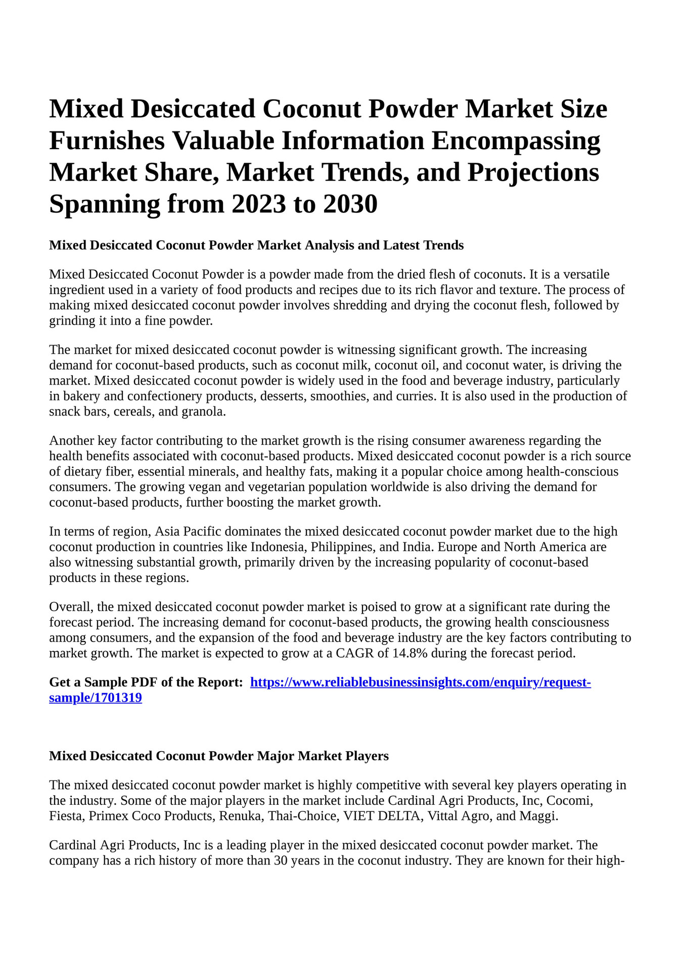 Reportprime Mixed Desiccated Coconut Powder Market Size Furnishes