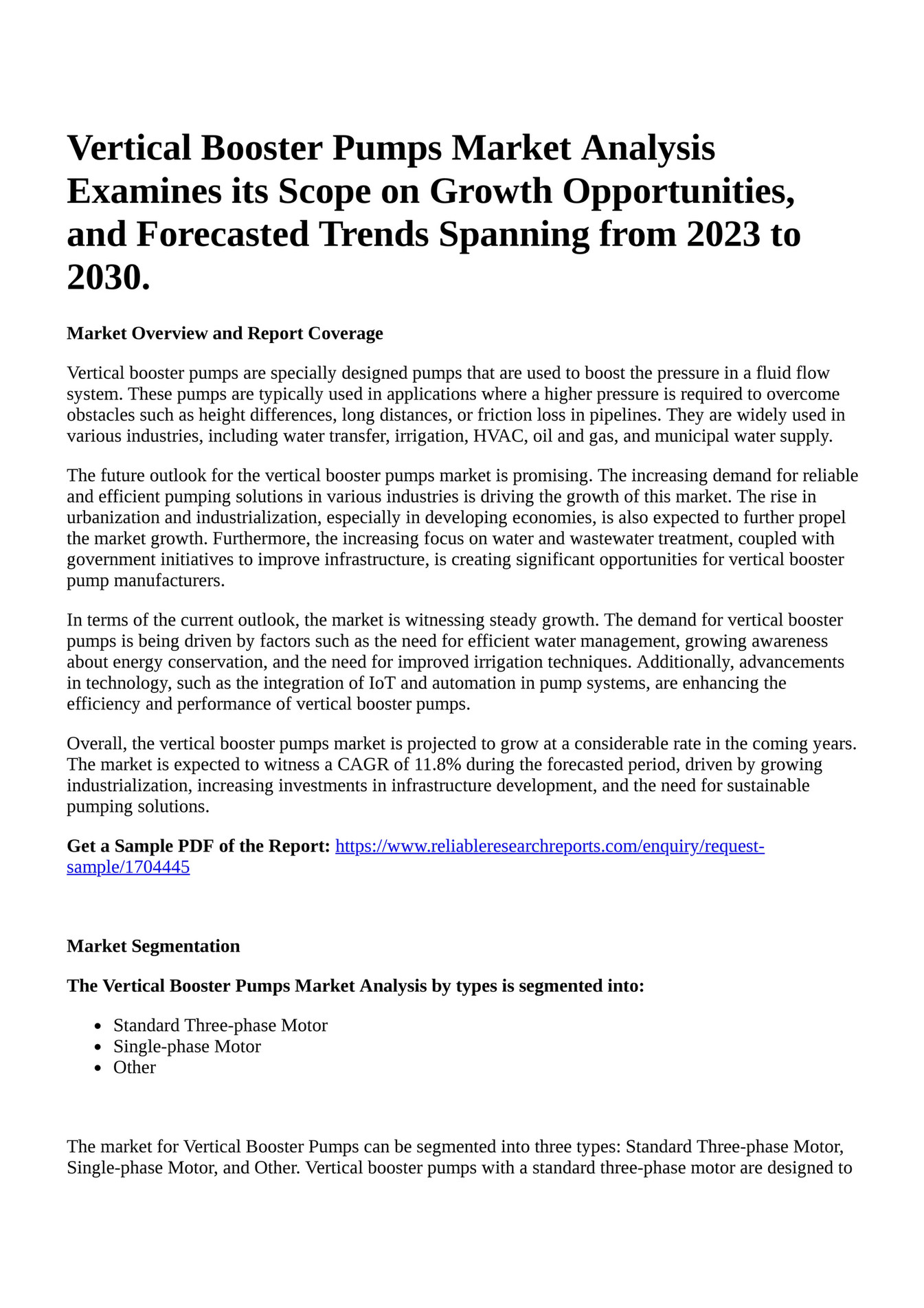 Reportprime Vertical Booster Pumps Market Analysis Examines Its Scope On Growth Opportunities