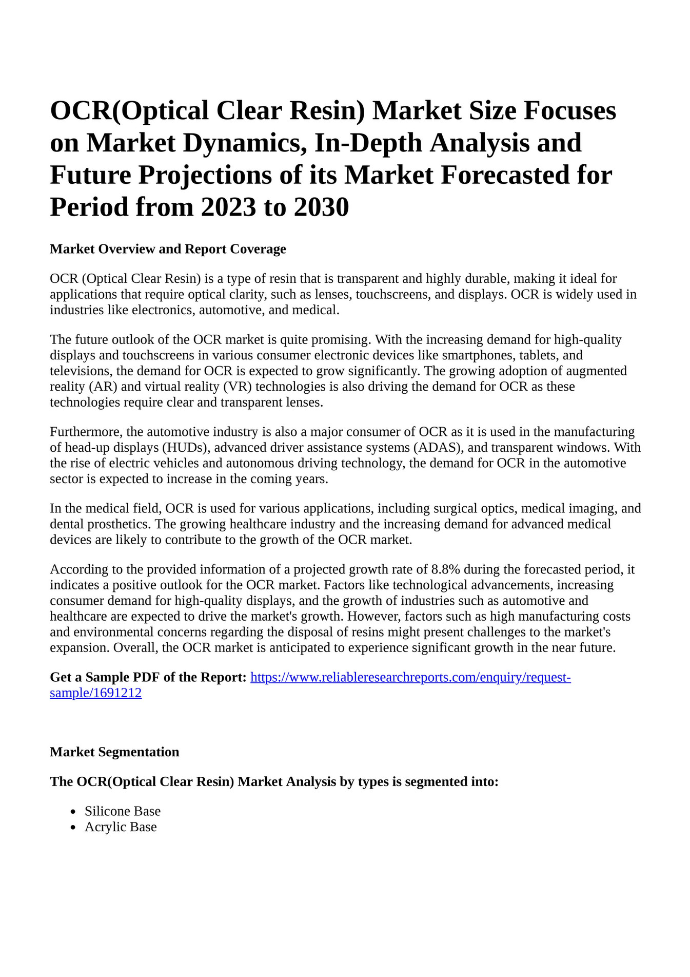 Reportprime - OCR(Optical Clear Resin) Market Size Focuses On Market ...