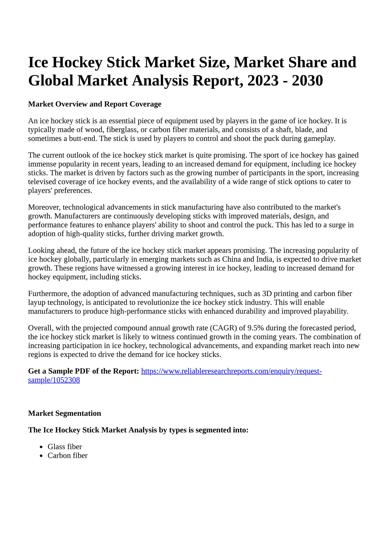 Reportprime Ice Hockey Stick Market Size, Market Share and Global