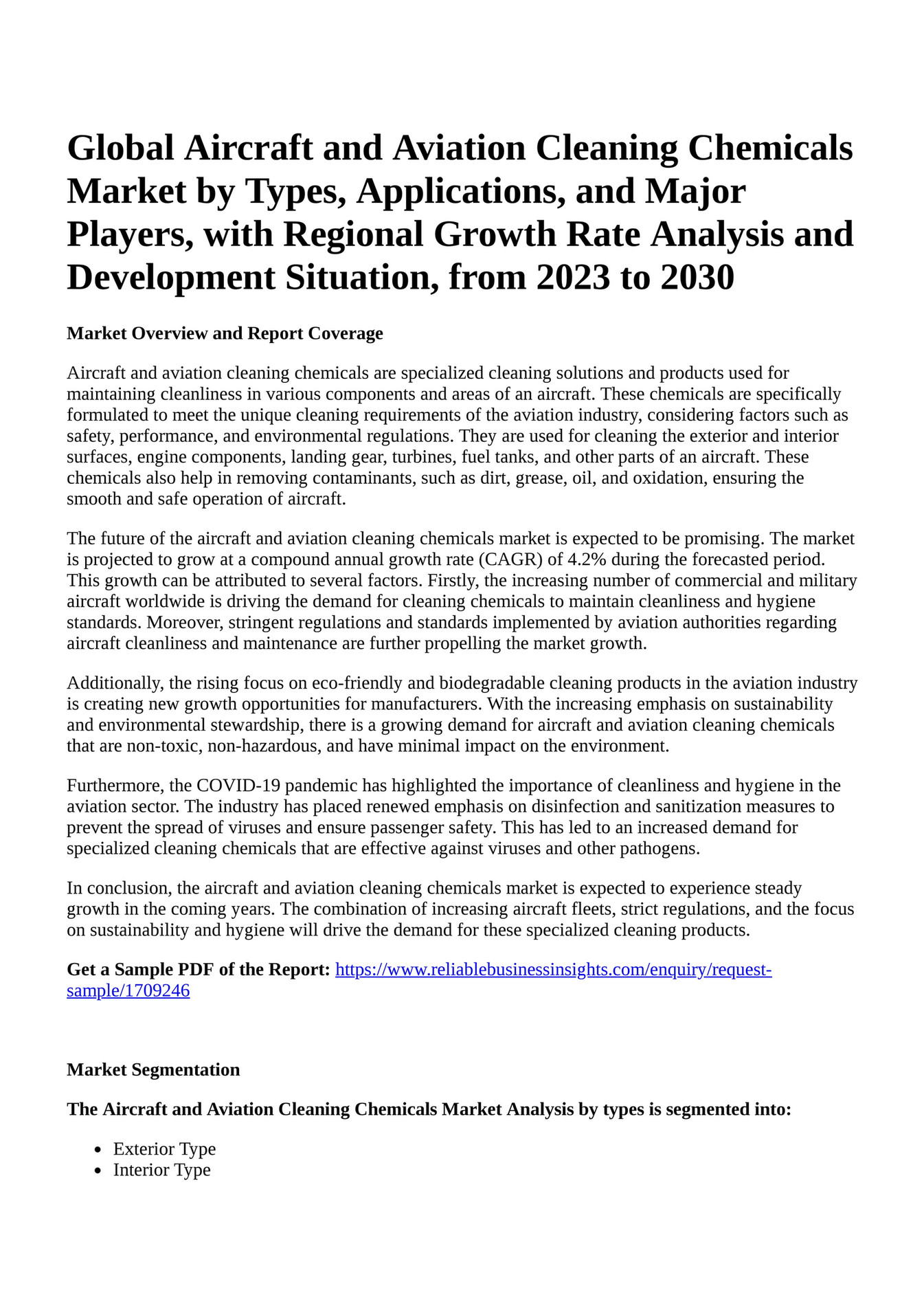 Reportprime Global Aircraft and Aviation Cleaning Chemicals Market by