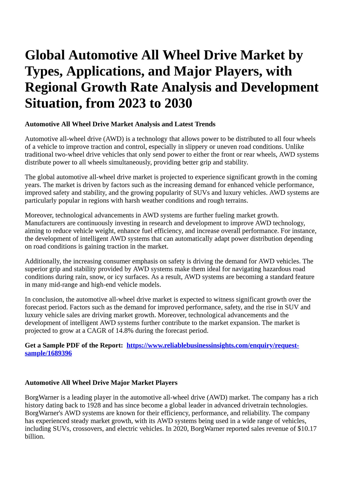 Reportprime Global Automotive All Wheel Drive Market by Types