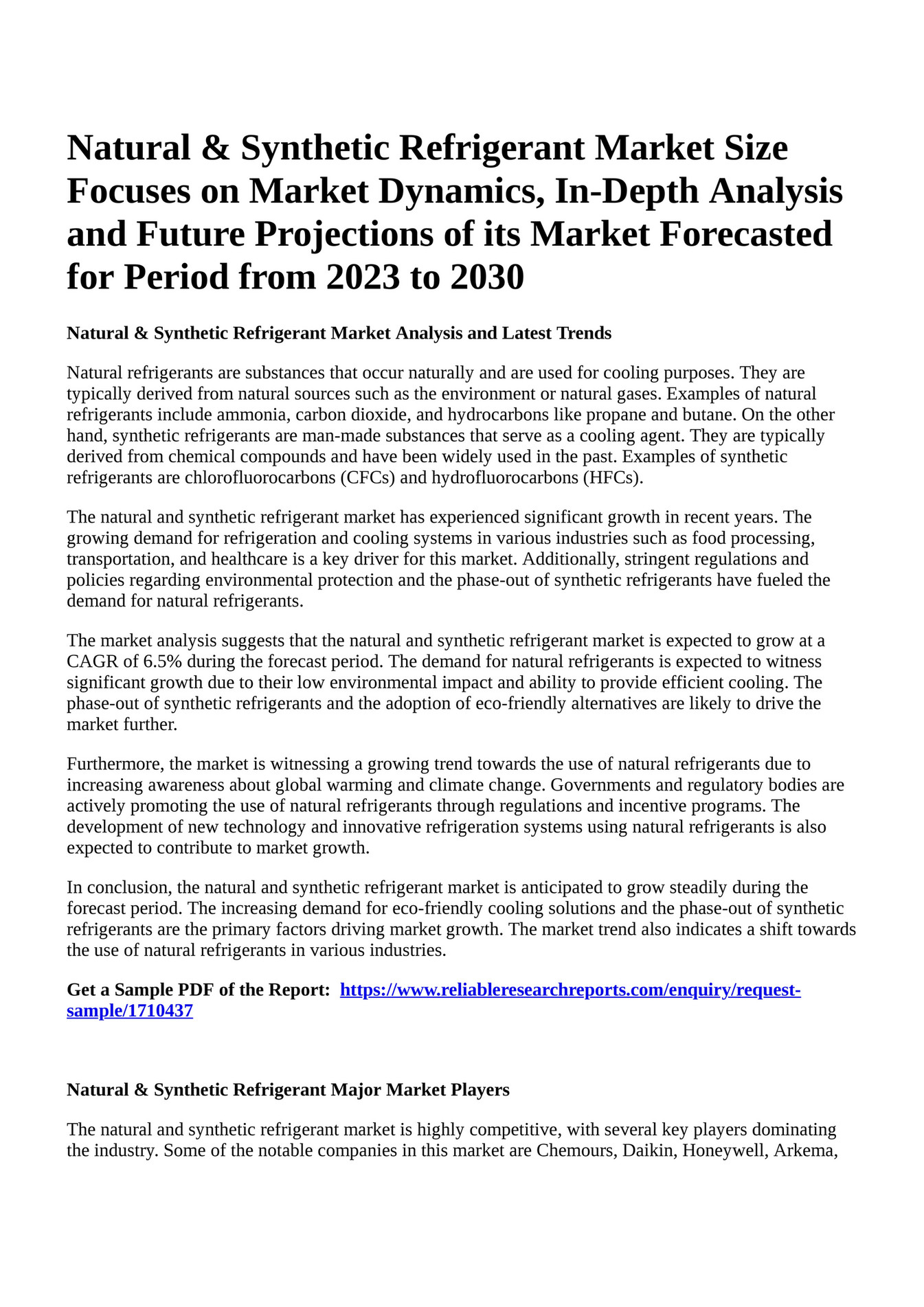 Reportprime - Natural & Synthetic Refrigerant Market Size Focuses on ...