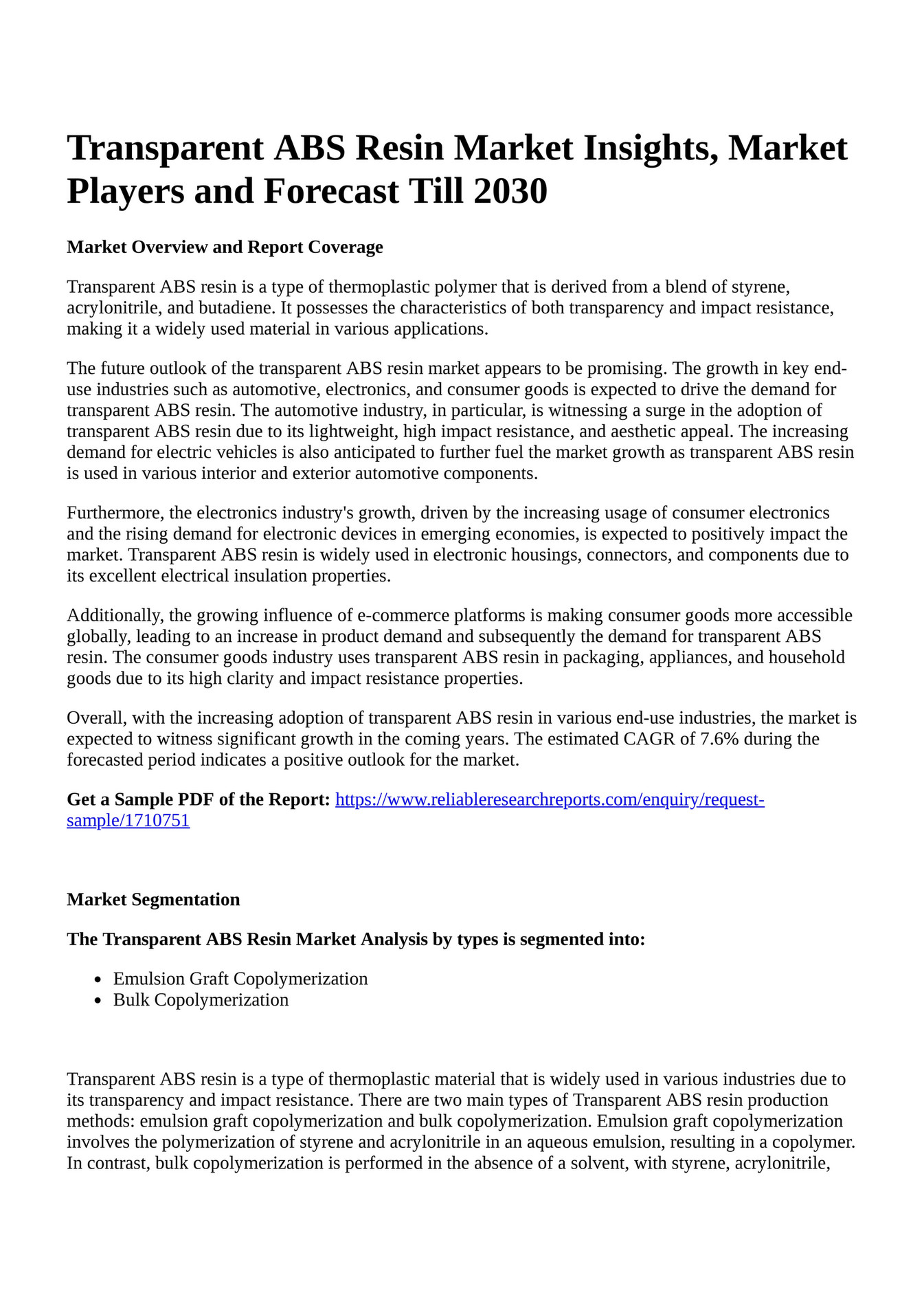 Reportprime Transparent ABS Resin Market Insights, Market Players and