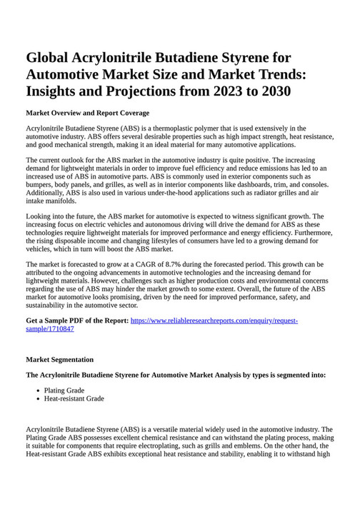 Reportprime Global Acrylonitrile Butadiene Styrene for Automotive Market Size and Market