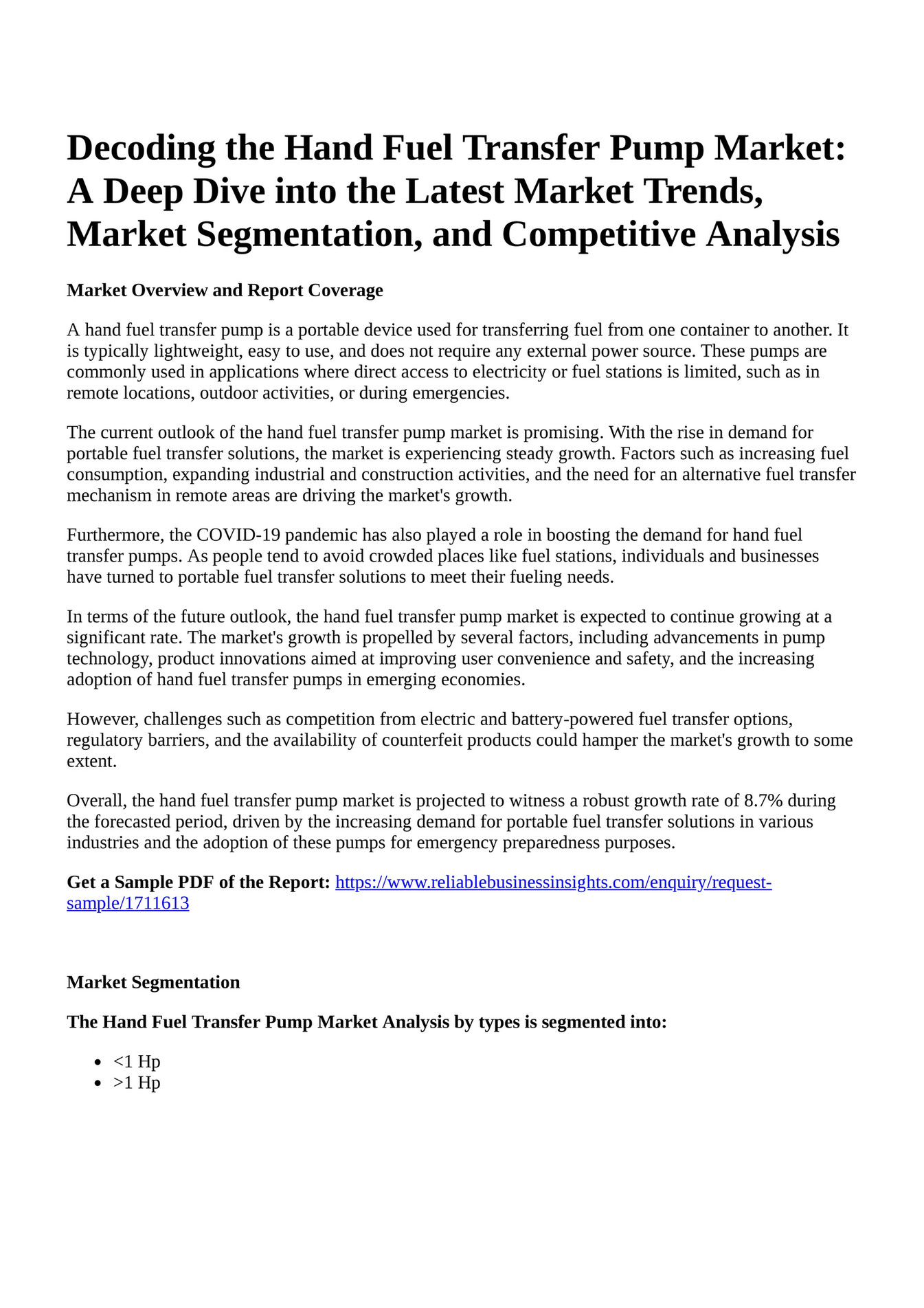 Reportprime - Decoding the Hand Fuel Transfer Pump Market: A Deep Dive 