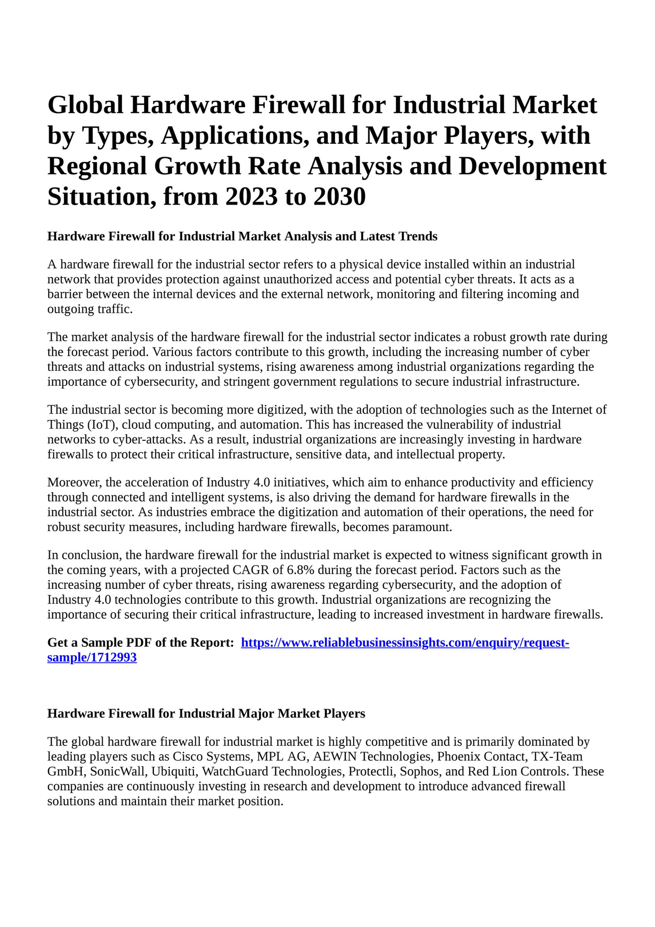 Reportprime Global Hardware Firewall for Industrial Market by Types