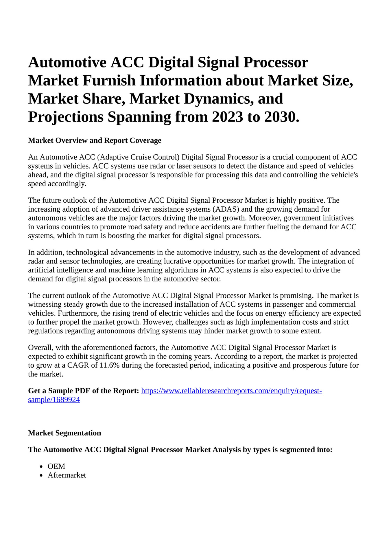 Reportprime Automotive ACC Digital Signal Processor Market Furnish
