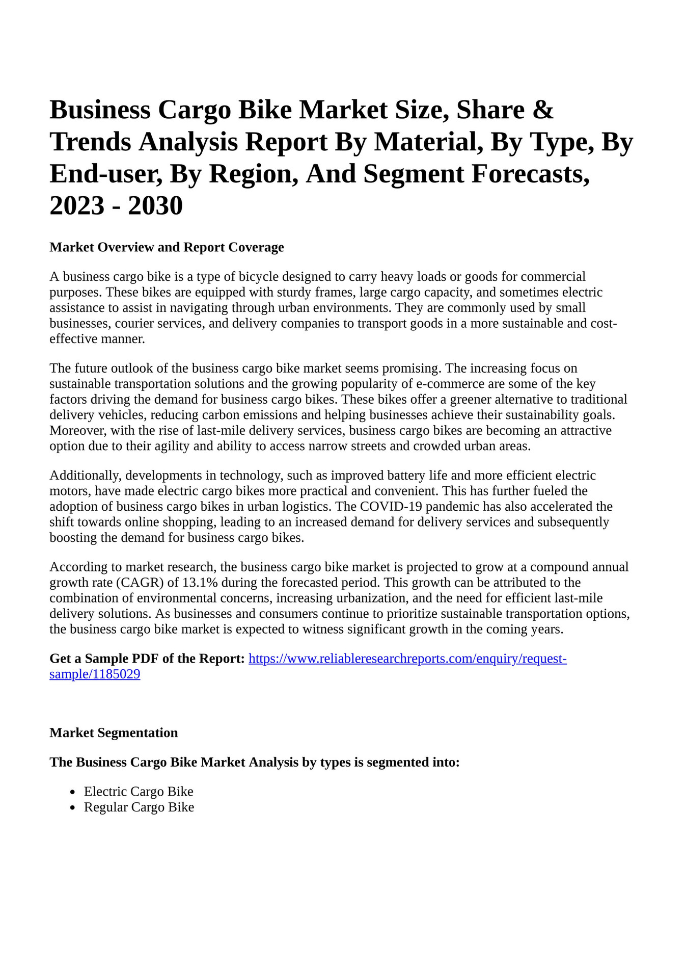 Reportprime Business Cargo Bike Market Size, Share & Trends Analysis