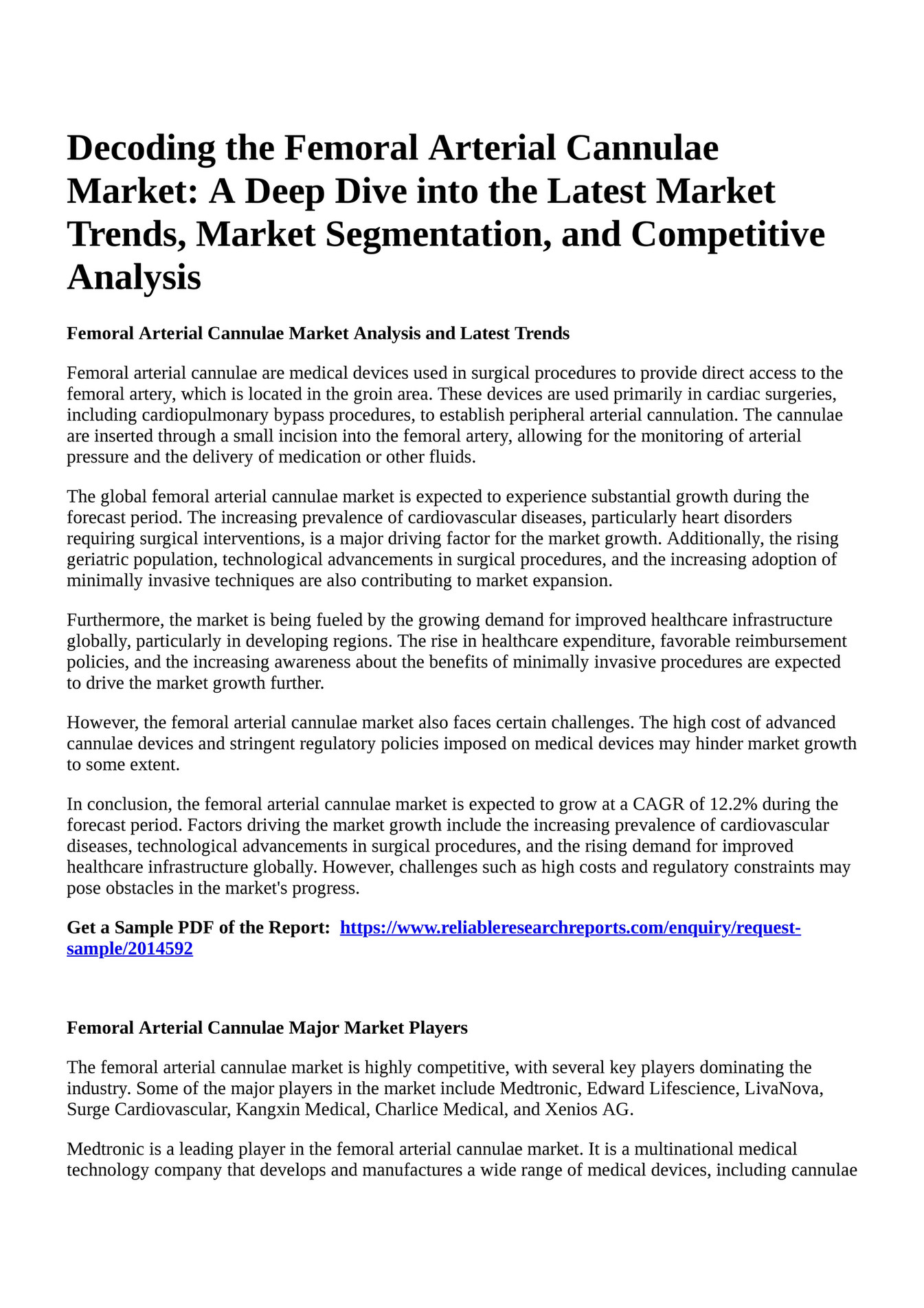 Reportprime - Decoding the Femoral Arterial Cannulae Market: A Deep 