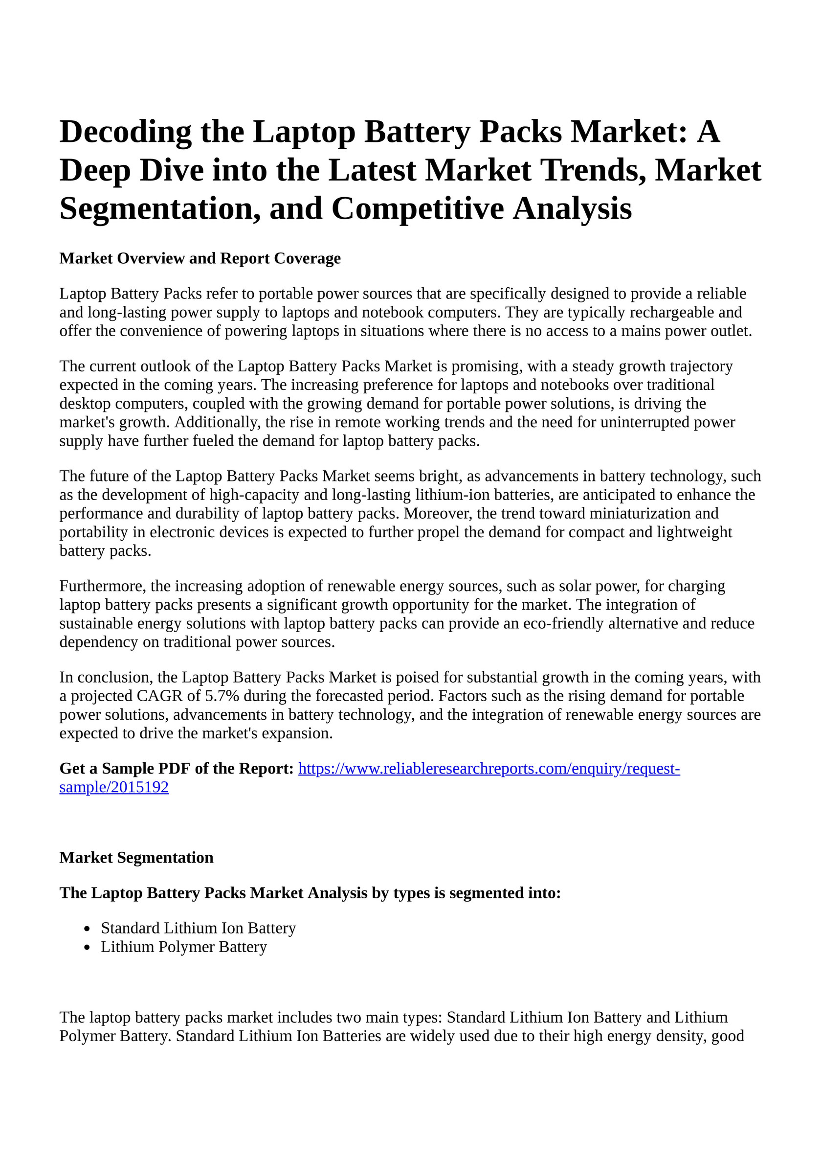 Reportprime - Decoding the Laptop Battery Packs Market: A Deep