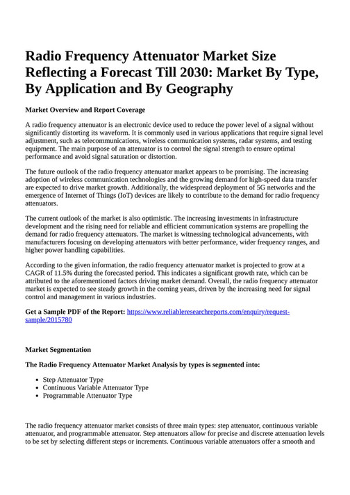 Reportprime - Radio Frequency Attenuator Market Size Reflecting a Forecast  Till 2030: Market By Type, By Application and By Geography - Page 1