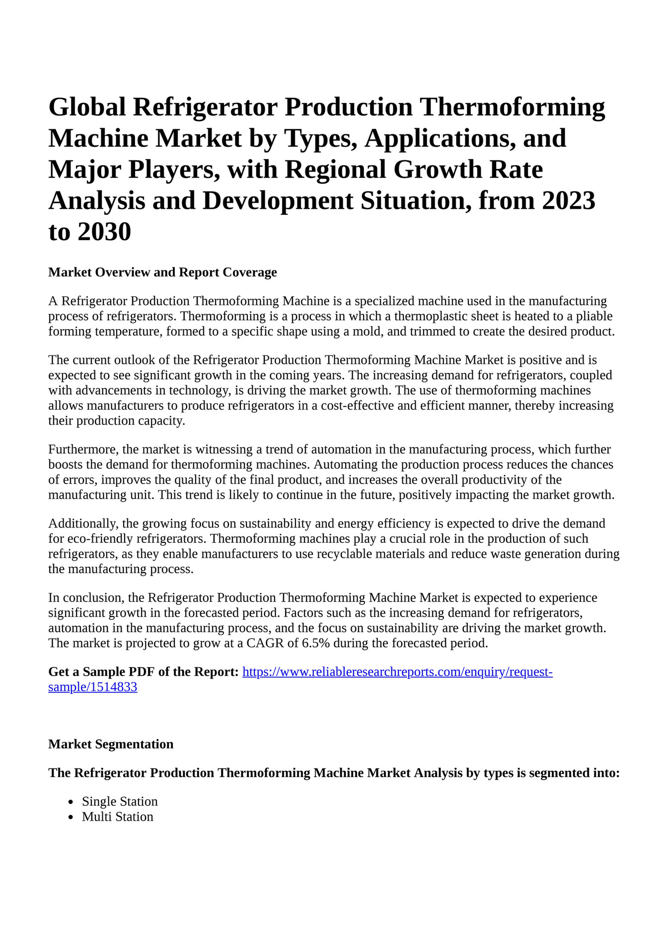 Reportprime Global Refrigerator Production Thermoforming Machine