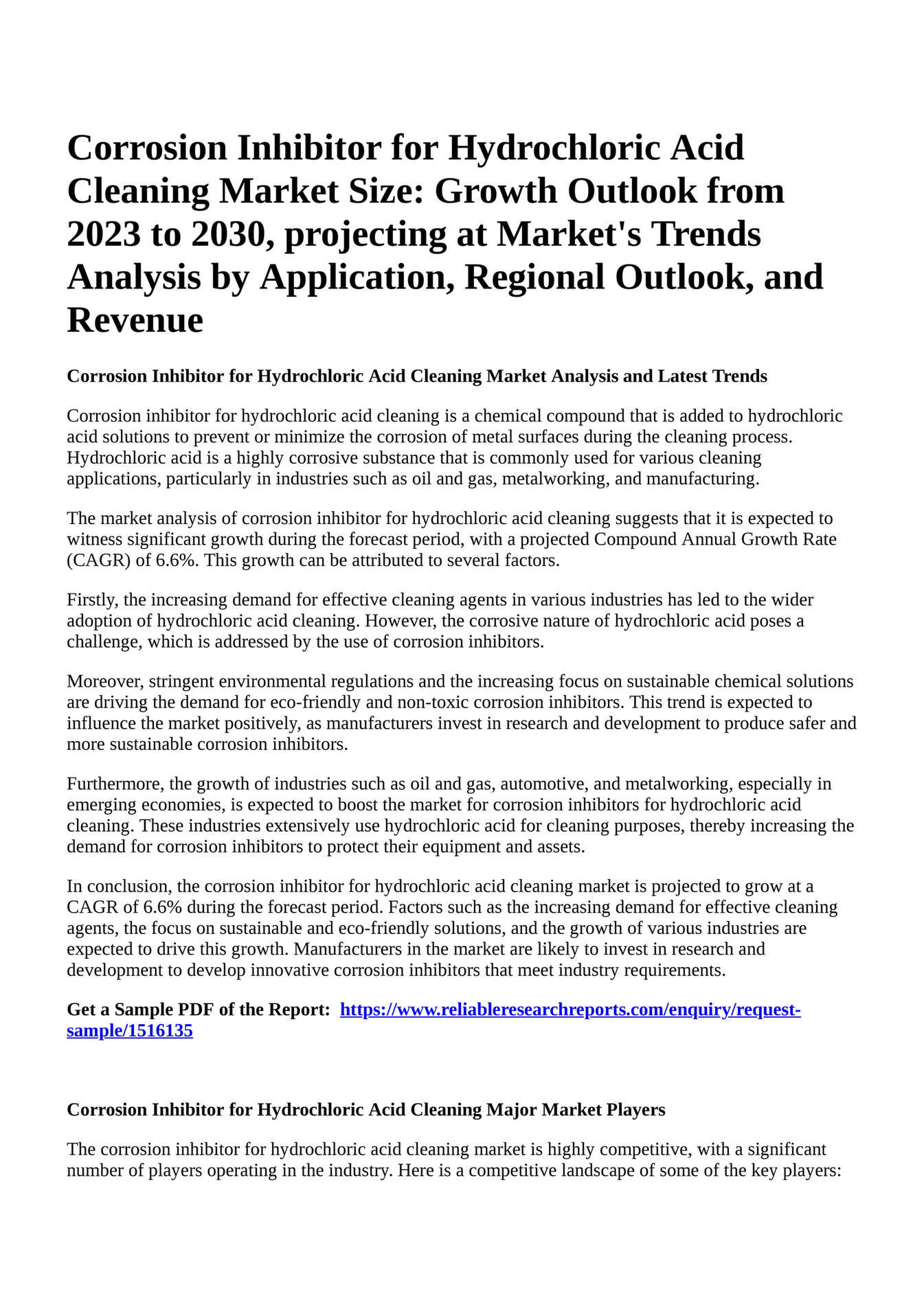 Reportprime Corrosion Inhibitor for Hydrochloric Acid Cleaning Market Size Growth Outlook