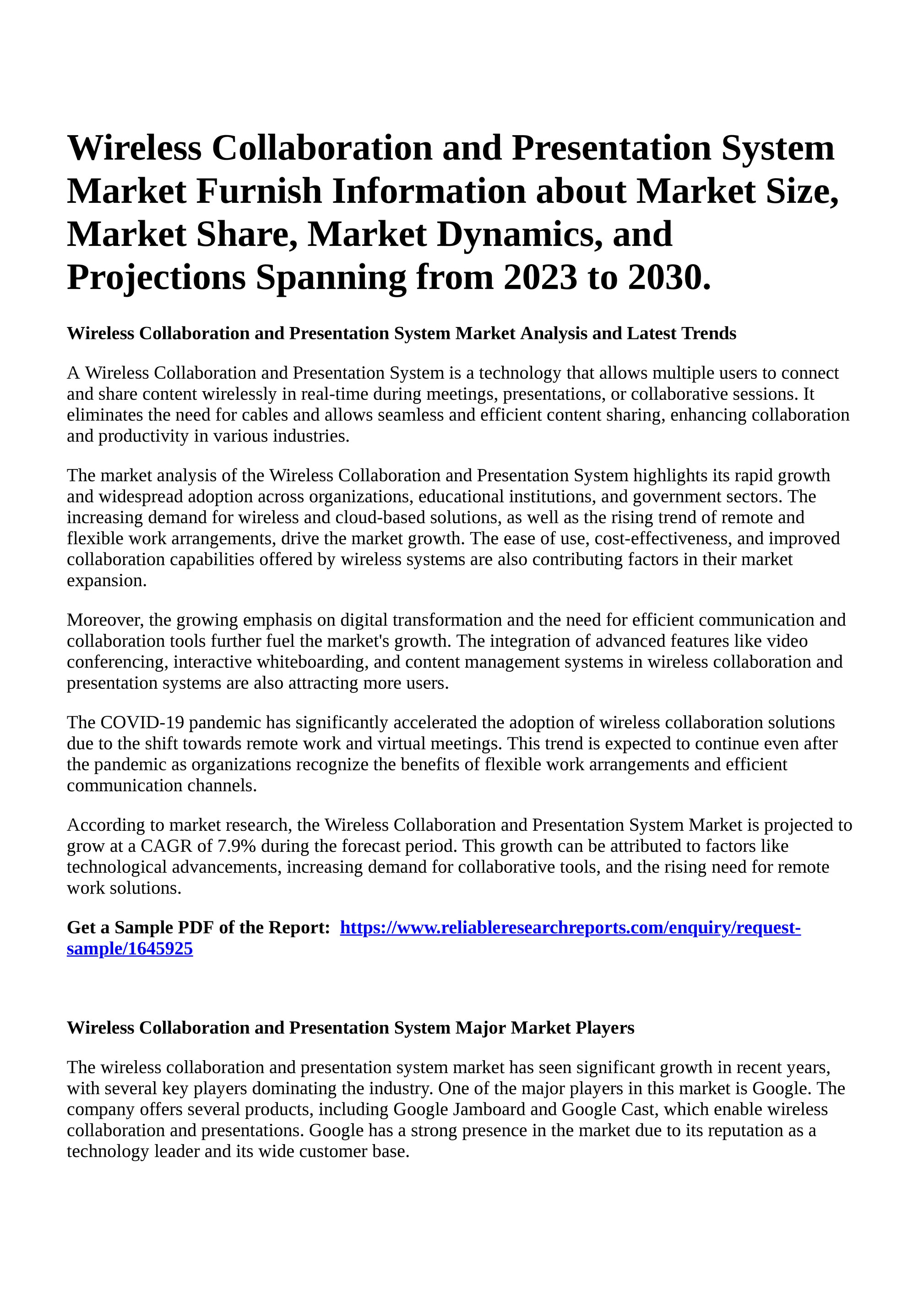Reportprime - Wireless Collaboration and Presentation System Market Furnish  Information about Market Size, Market Share, Market Dynamics, and  Projections Spanning from 2023 to 2030. - Page 1