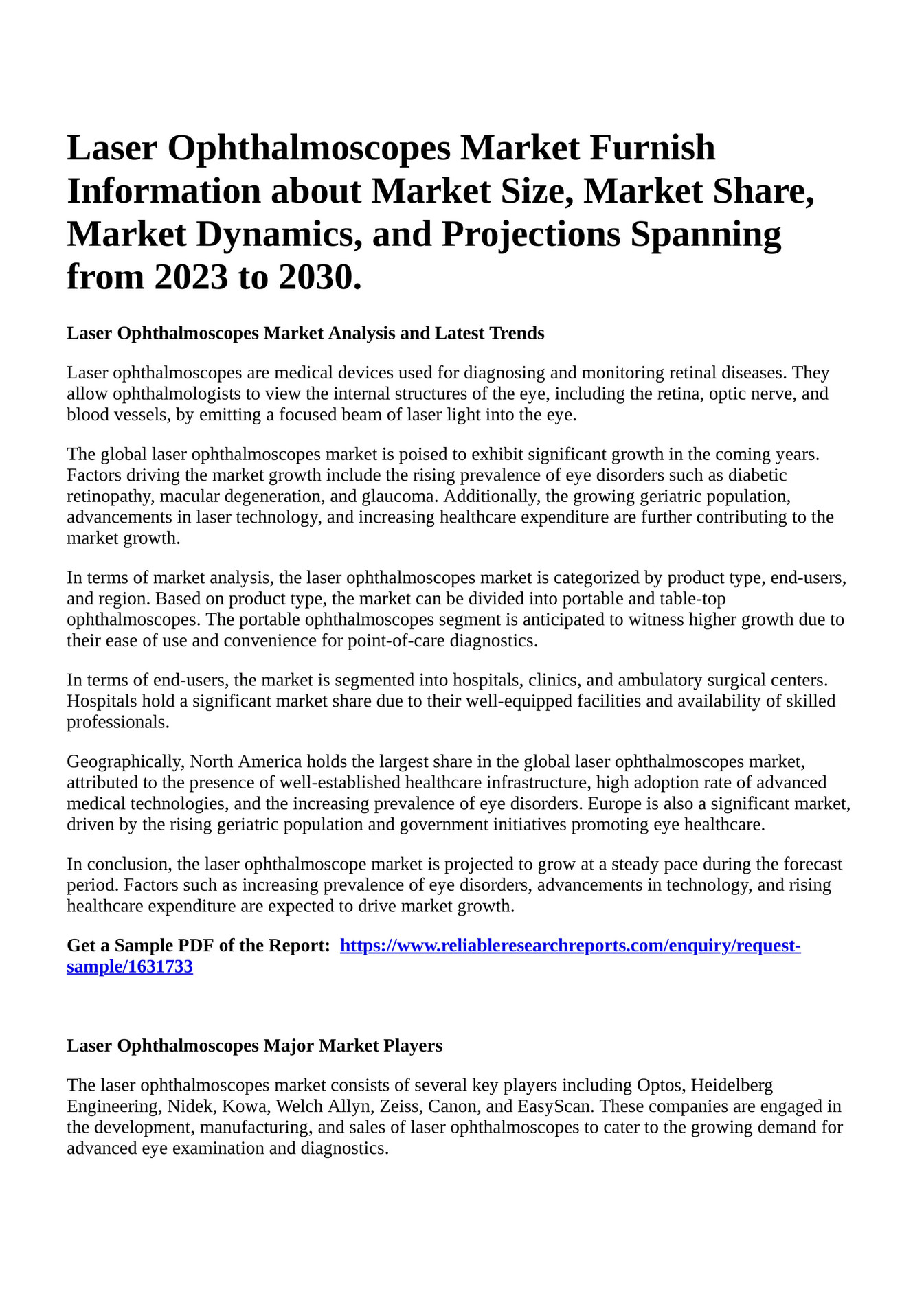 Reportprime Laser Ophthalmoscopes Market Furnish Information about