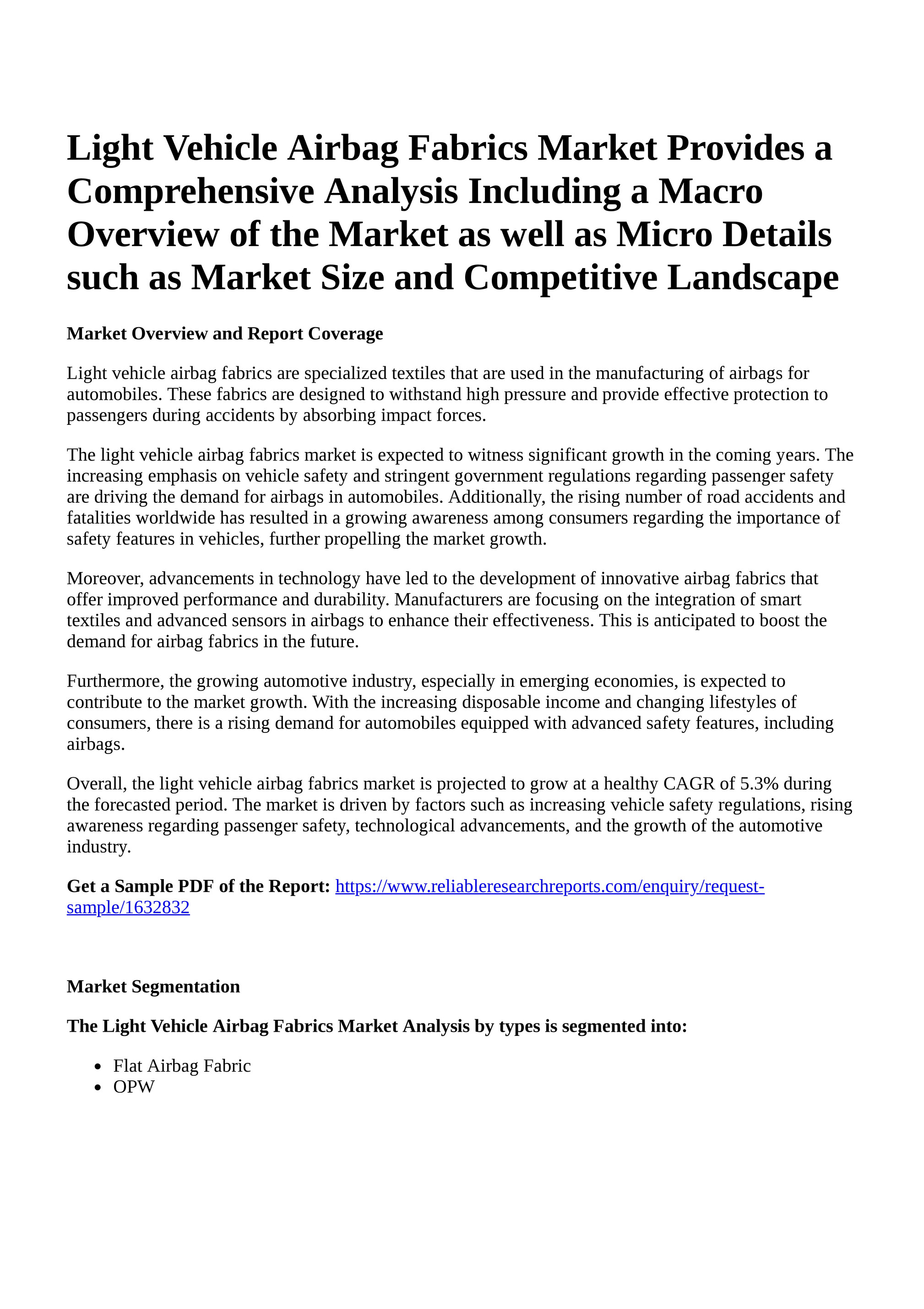 Reportprime - Light Vehicle Airbag Fabrics Market Provides a Comprehensive  Analysis Including a Macro Overview of the Market as well as Micro Details  such as Market Size and Competitive Landscape - Page 2-3
