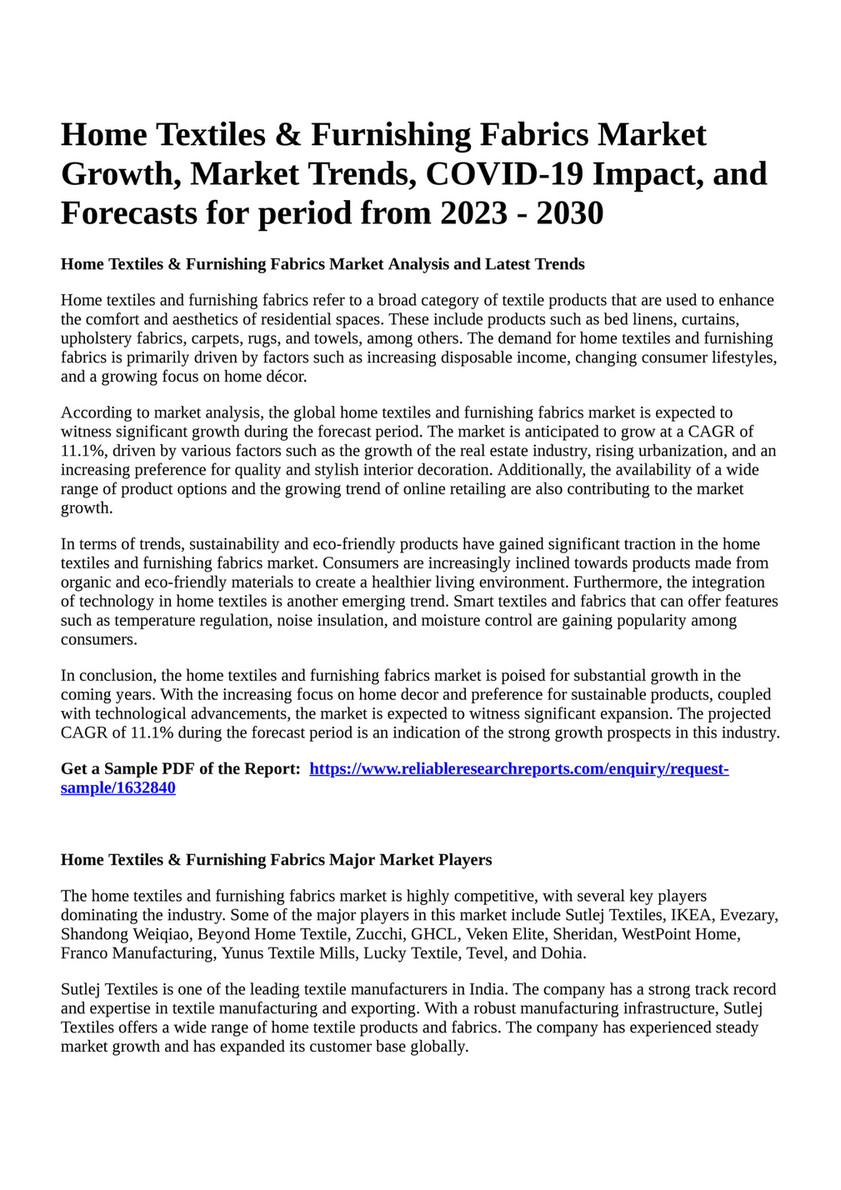 Reportprime - Home Textiles & Furnishing Fabrics Market Growth ...