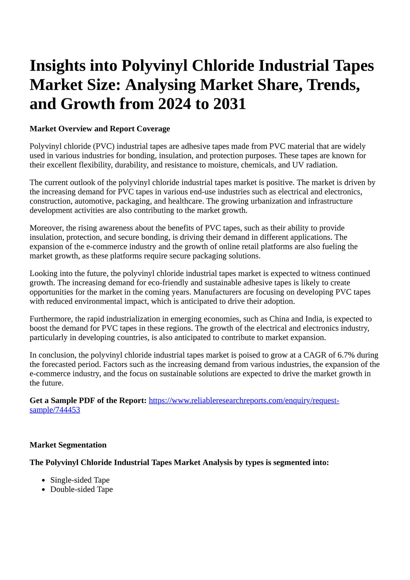 Reportprime Insights into Polyvinyl Chloride Industrial Tapes Market