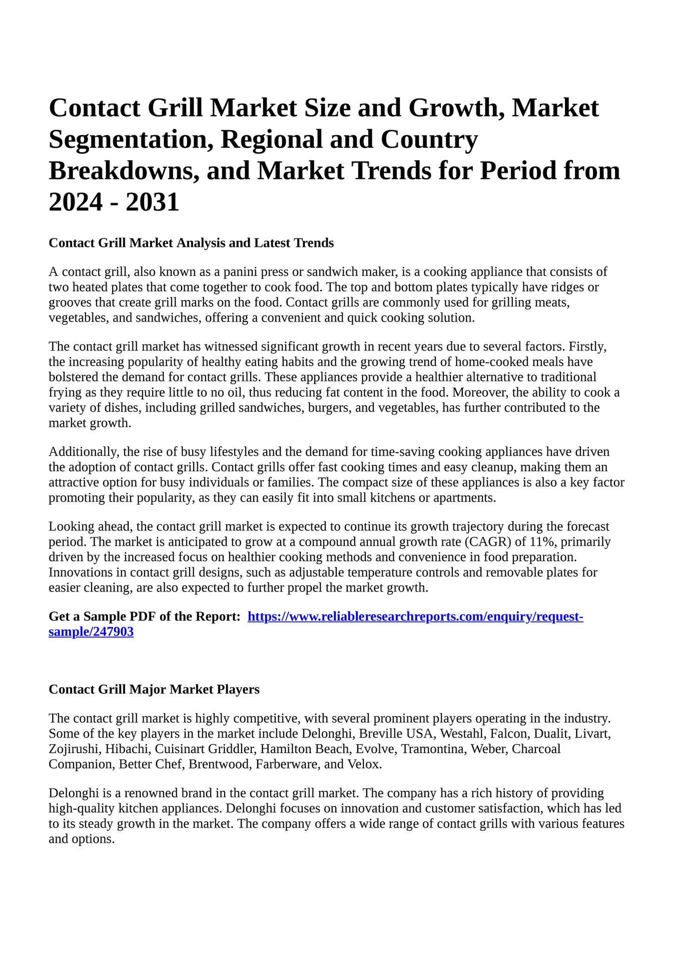 Reportprime Contact Grill Market Size and Growth, Market Segmentation