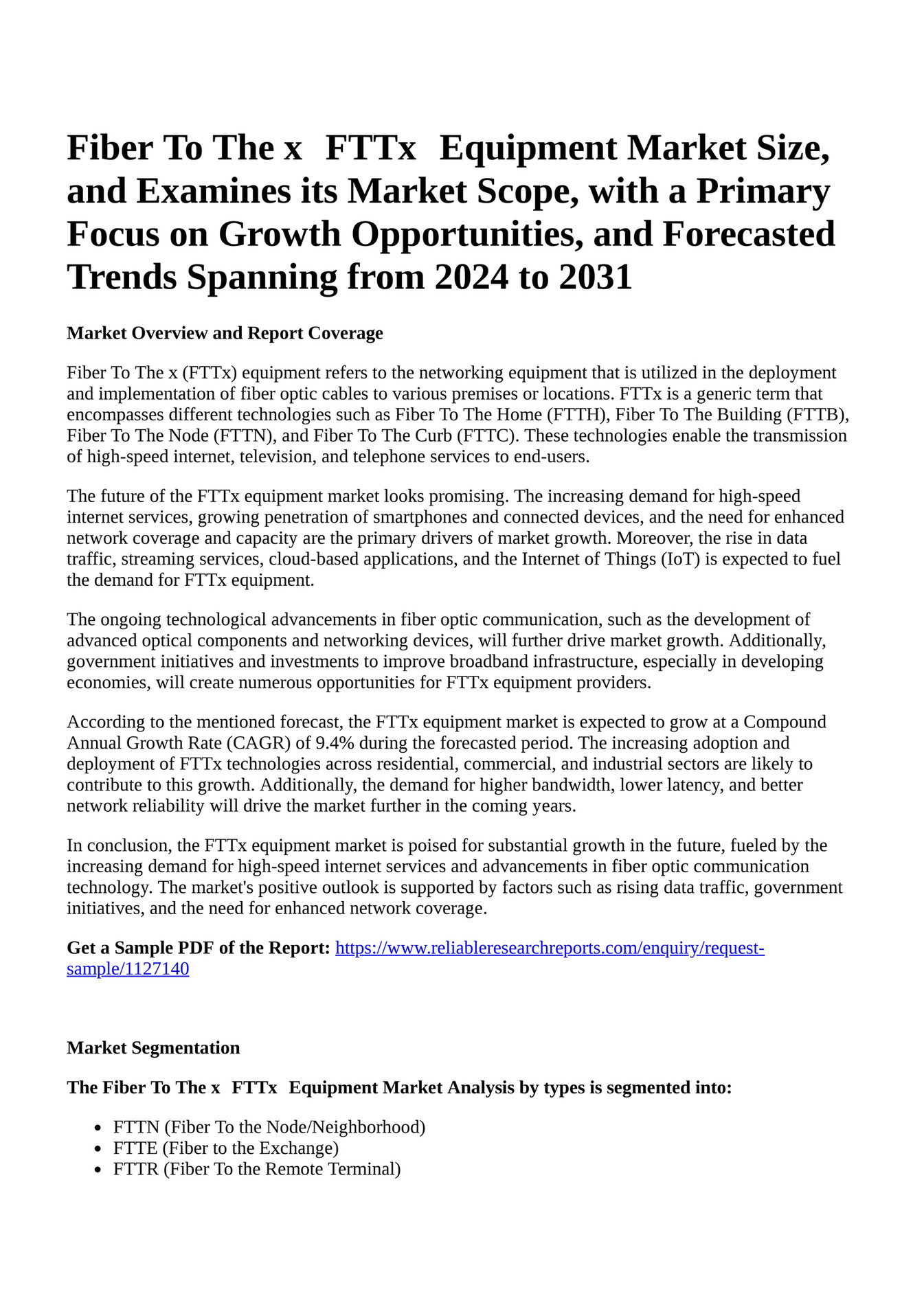 Reportprime Fiber To The X Fttx Equipment Market Size And Examines Its Market Scope With A