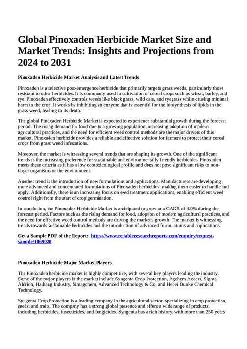 Reportprime Global Pinoxaden Herbicide Market Size and Market Trends