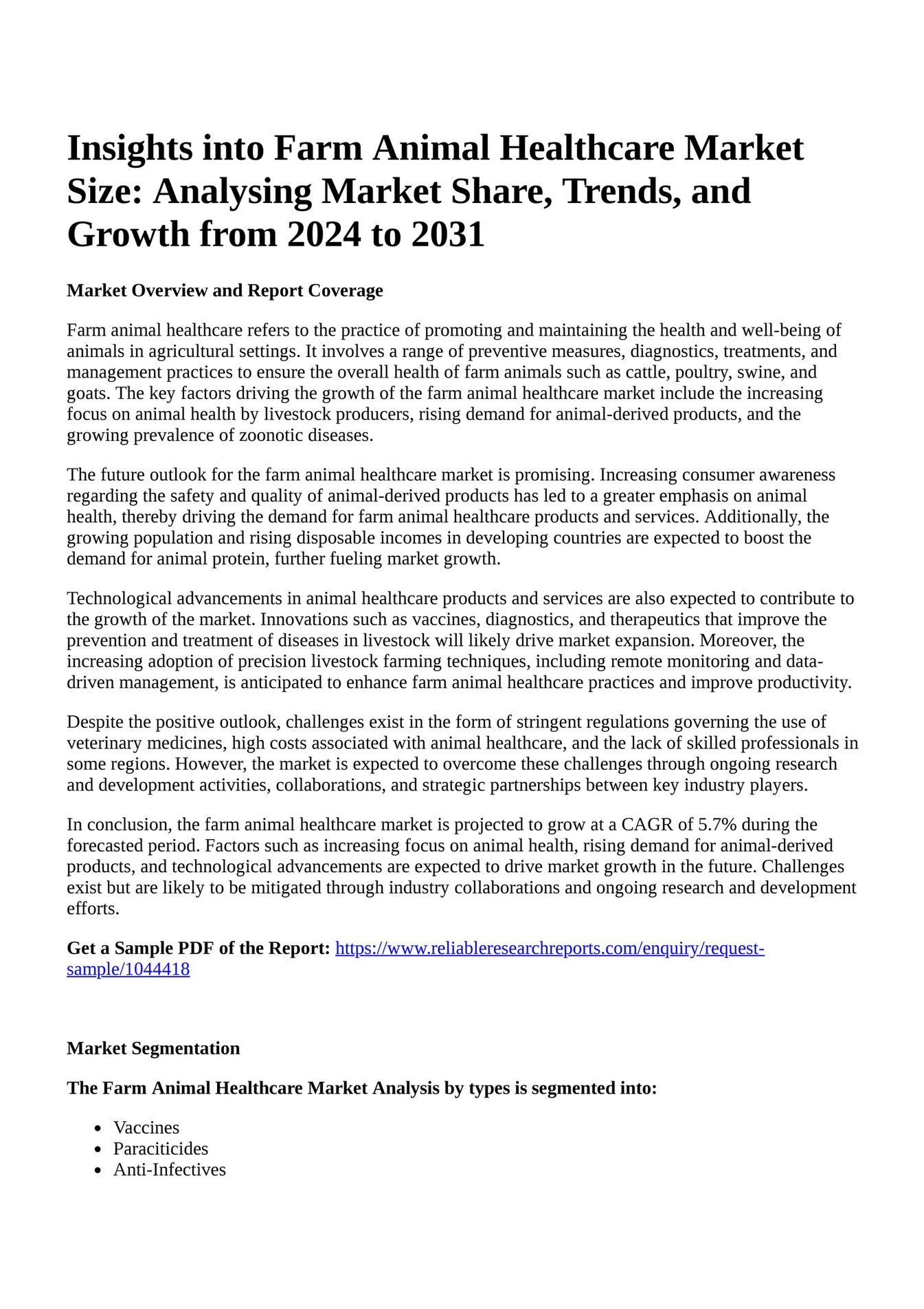 Reportprime Insights into Farm Animal Healthcare Market Size