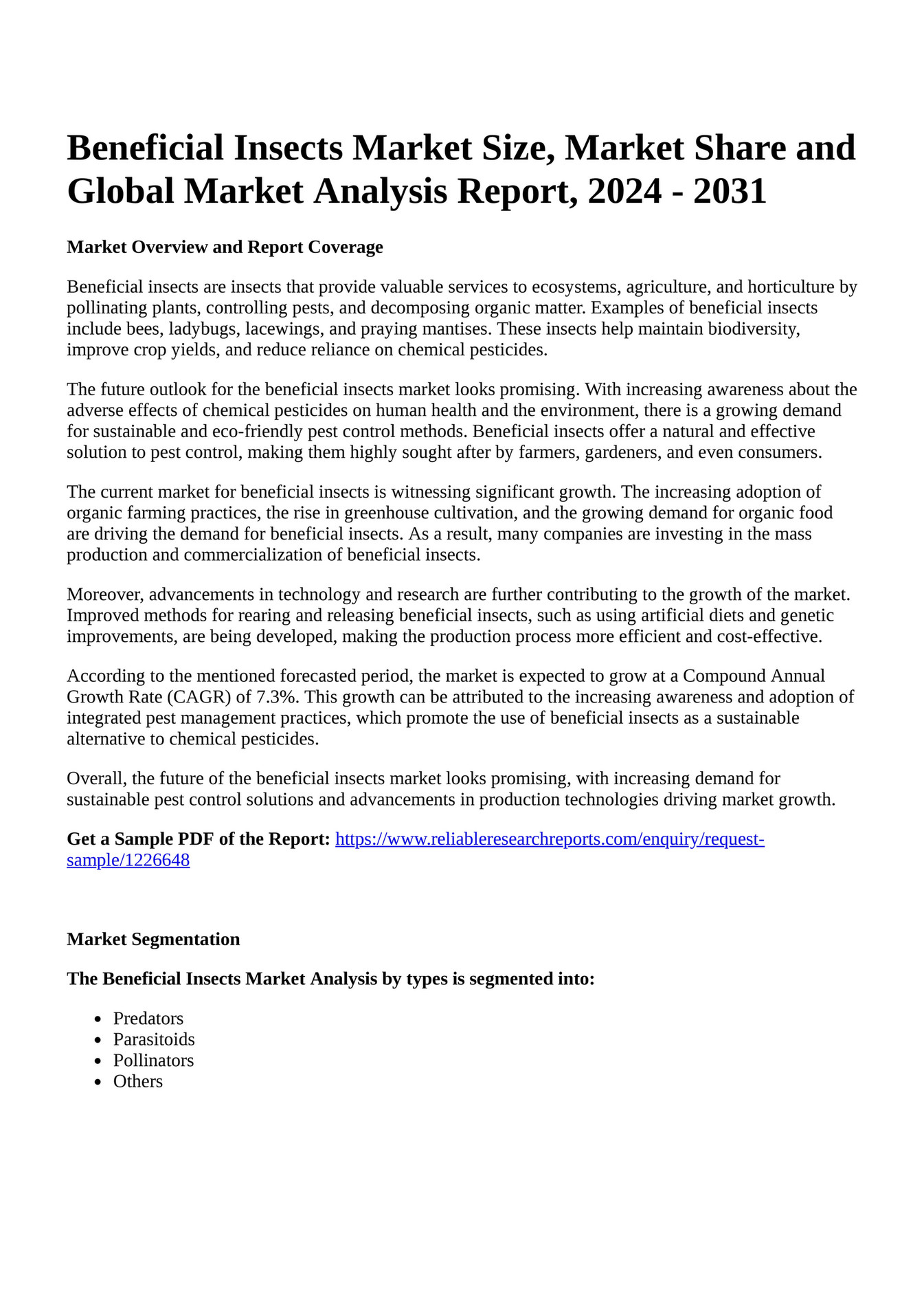 Reportprime Beneficial Insects Market Size, Market Share and Global