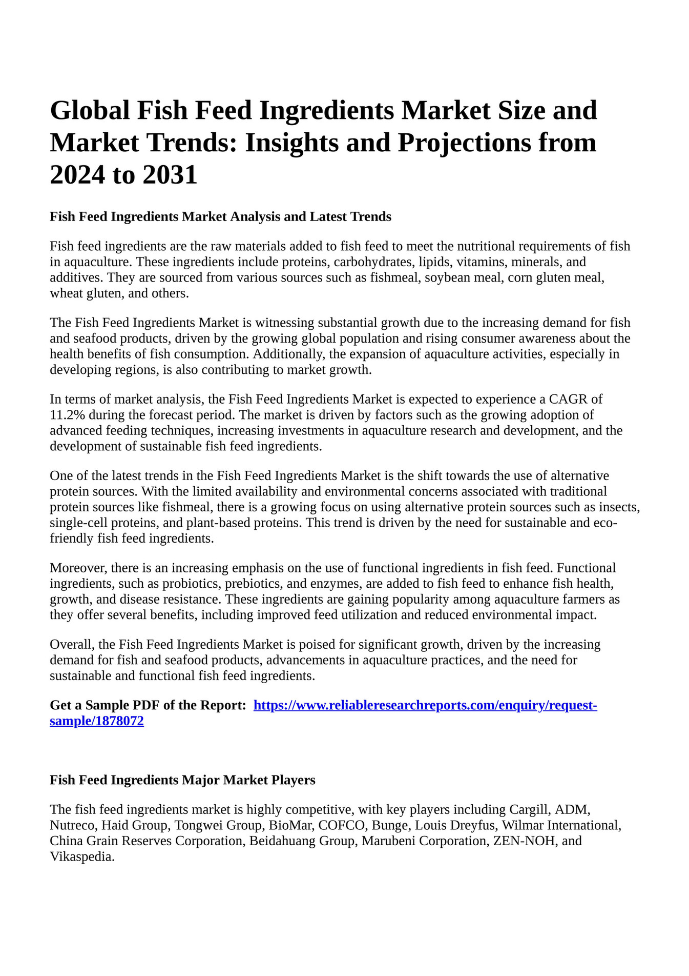 Reportprime Global Fish Feed Ingredients Market Size and Market