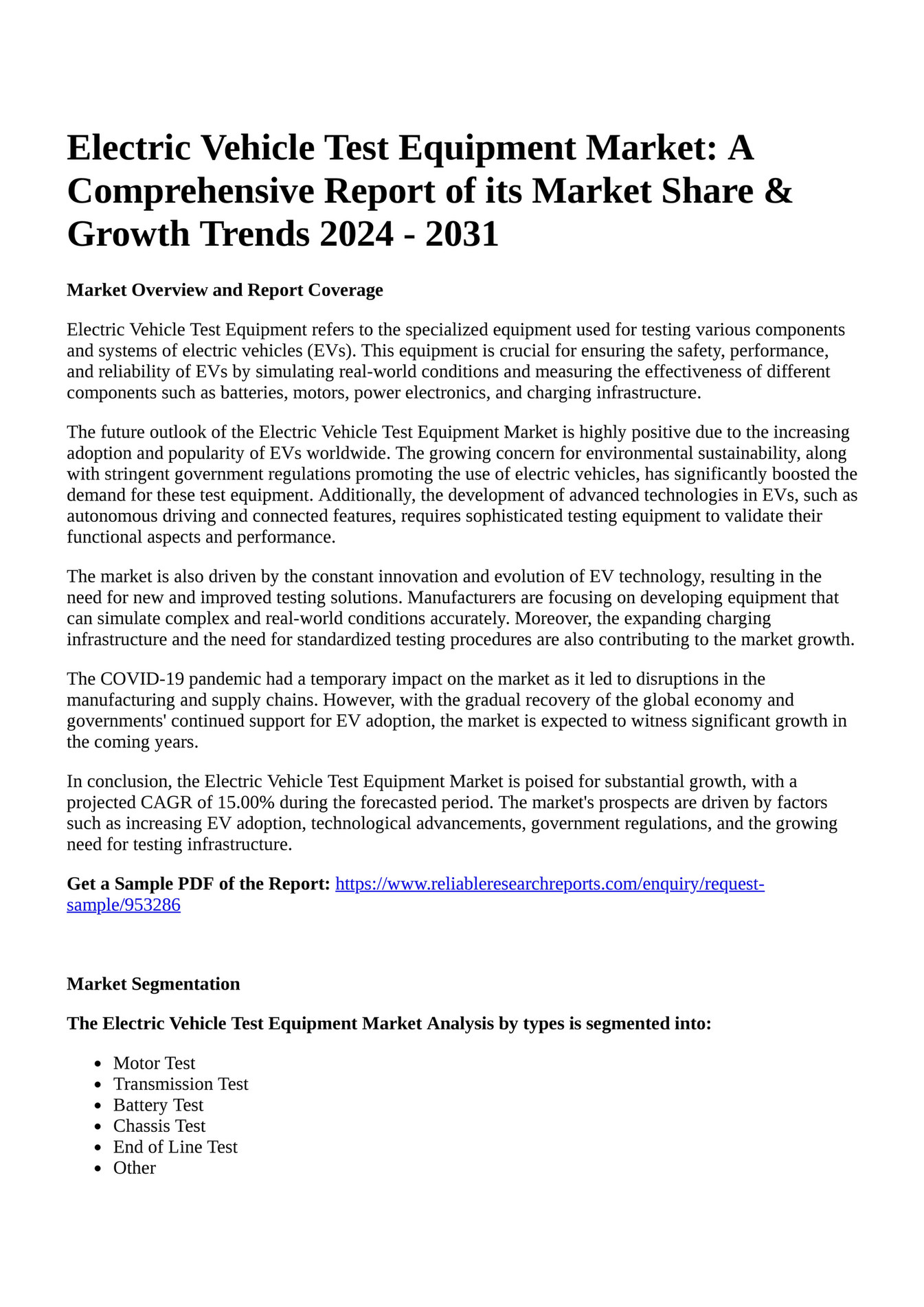 Reportprime Electric Vehicle Test Equipment Market A Comprehensive