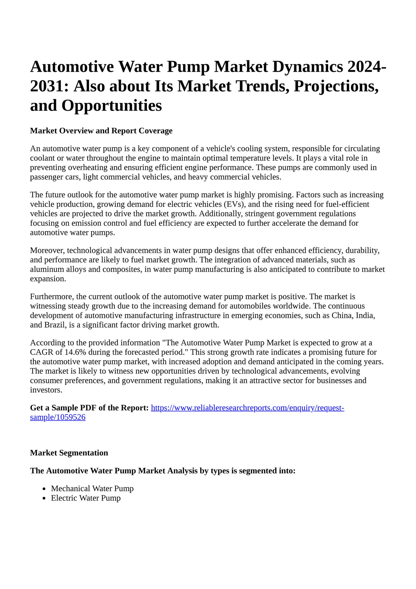 Reportprime Automotive Water Pump Market Dynamics 20242031 Also
