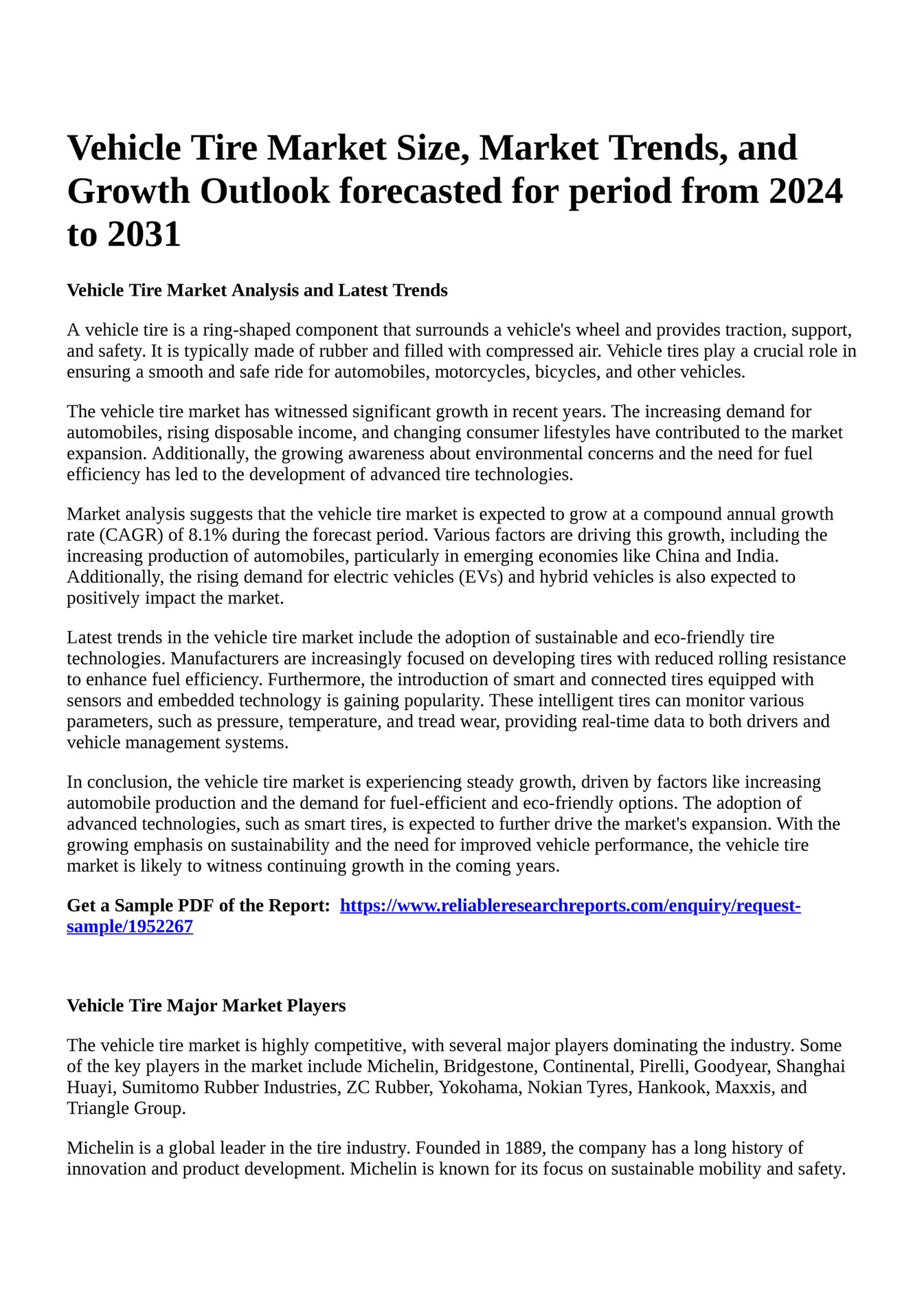 Reportprime Vehicle Tire Market Size, Market Trends, and Growth