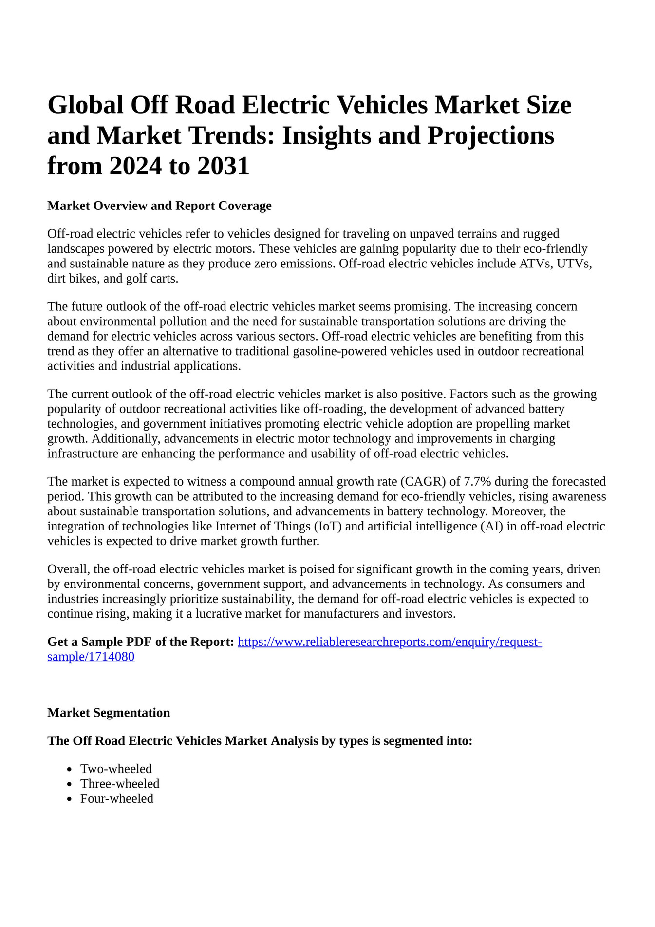 Reportprime Global Off Road Electric Vehicles Market Size and Market