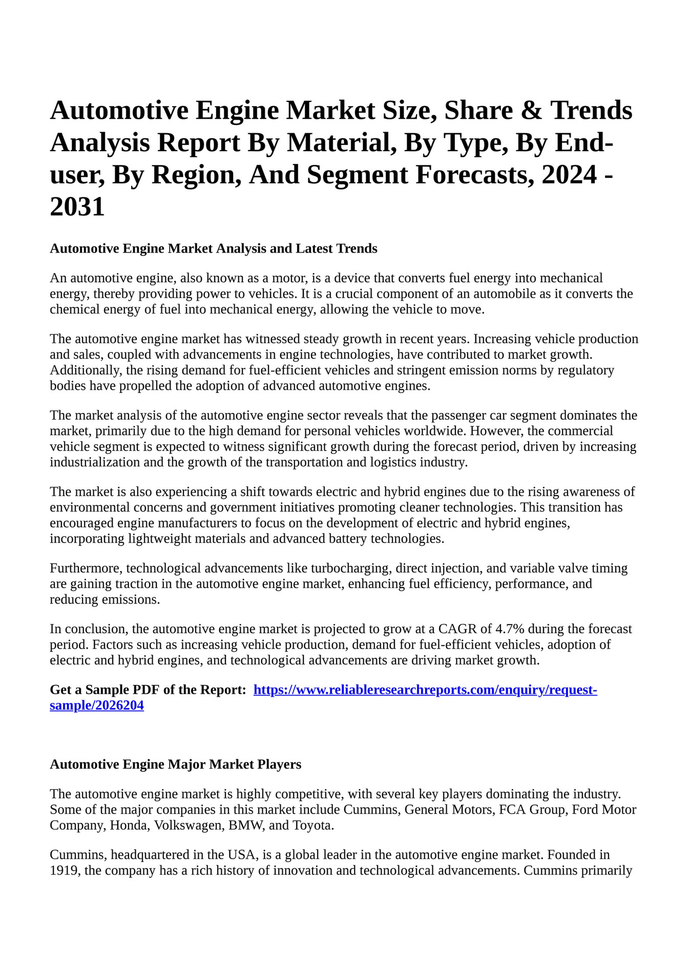 Reportprime Automotive Engine Market Size, Share & Trends Analysis