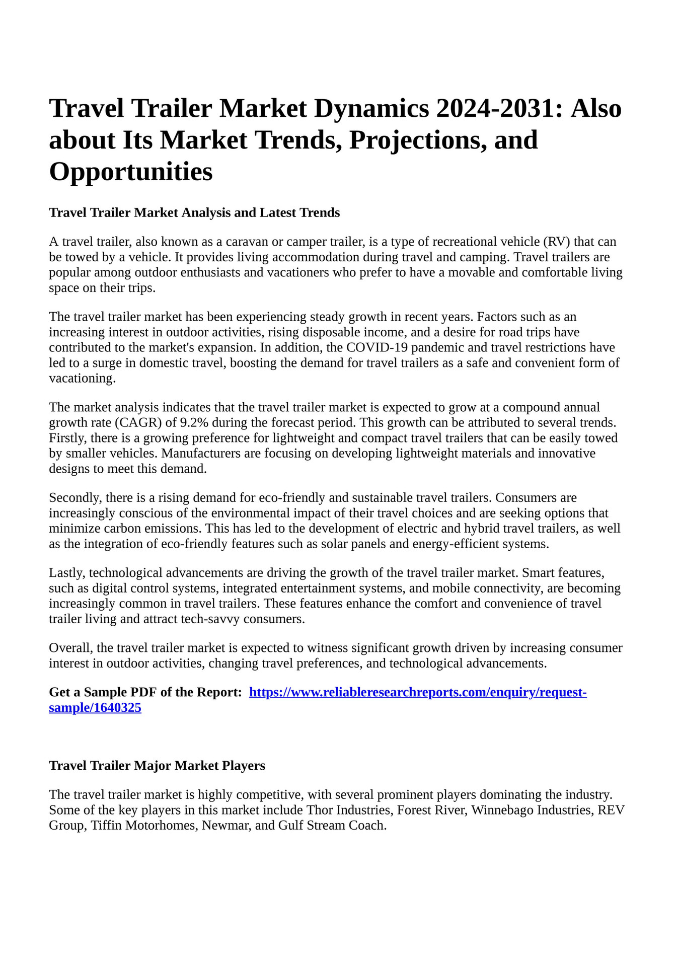 Reportprime Travel Trailer Market Dynamics 20242031 Also about Its