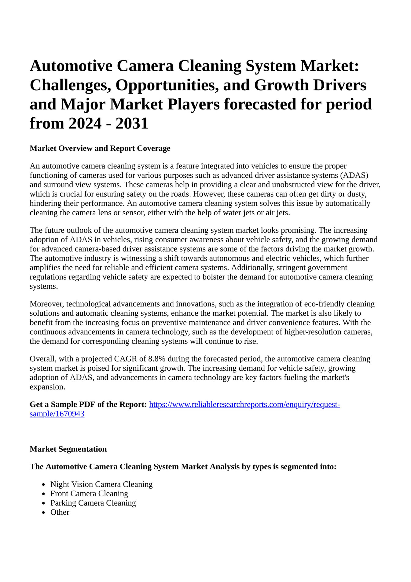 Reportprime Automotive Camera Cleaning System Market Challenges