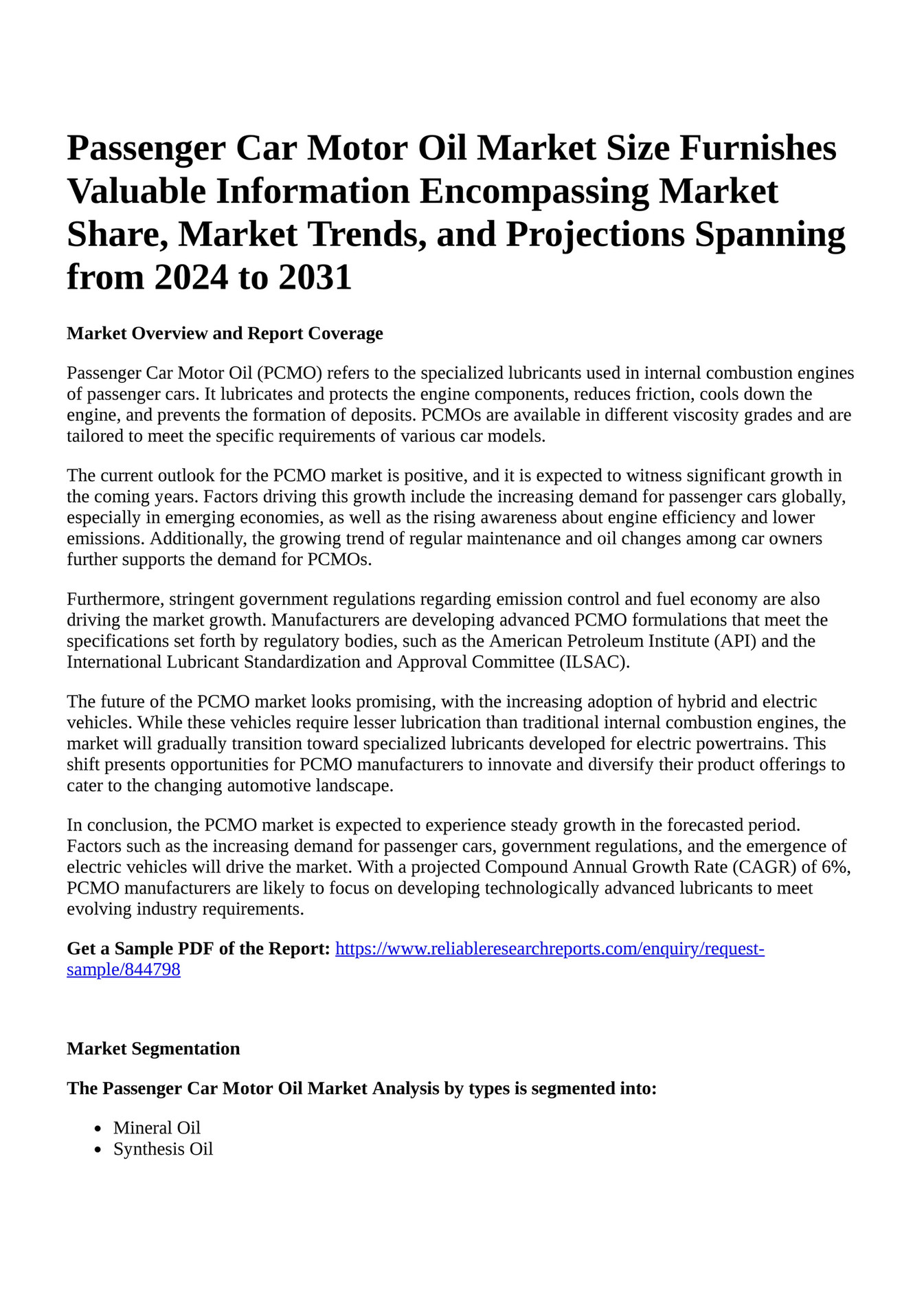 Reportprime Passenger Car Motor Oil Market Size Furnishes Valuable