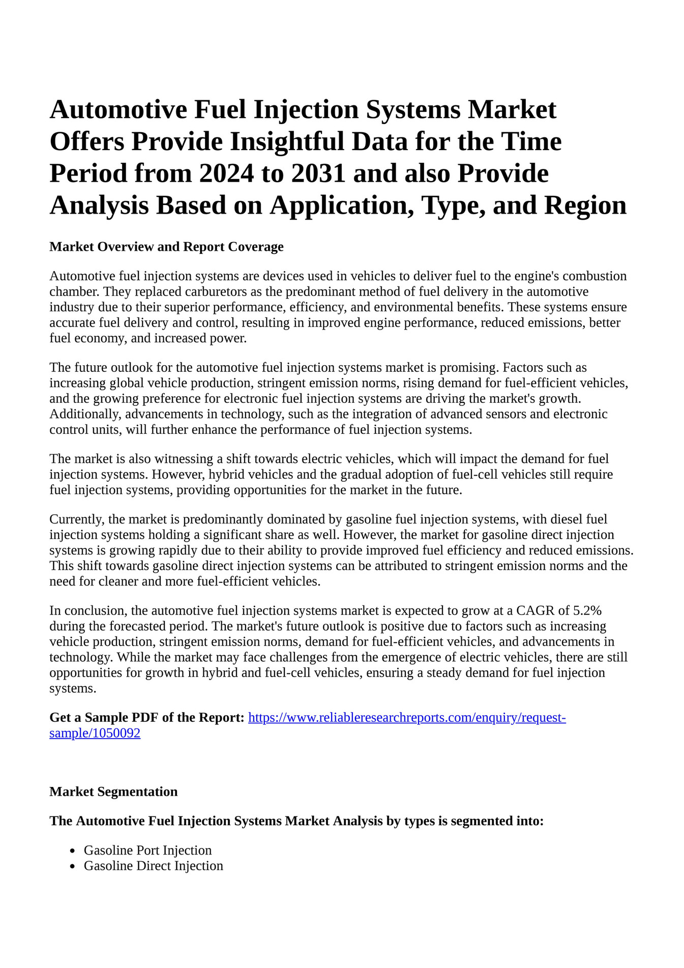 Reportprime Automotive Fuel Injection Systems Market Offers Provide