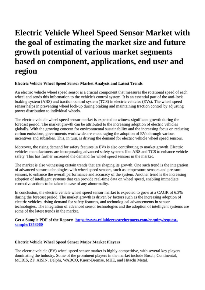 Electric Vehicle Wheel Speed Sensor Market to Witness Impressive Growth by  2027