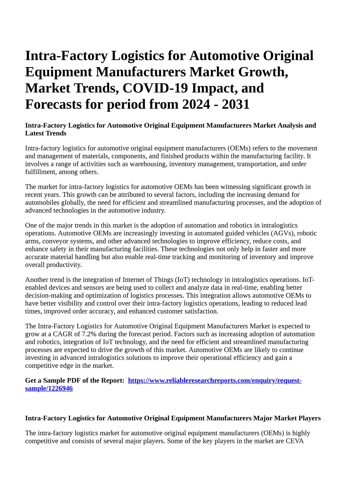 Reportprime IntraFactory Logistics for Automotive Original Equipment