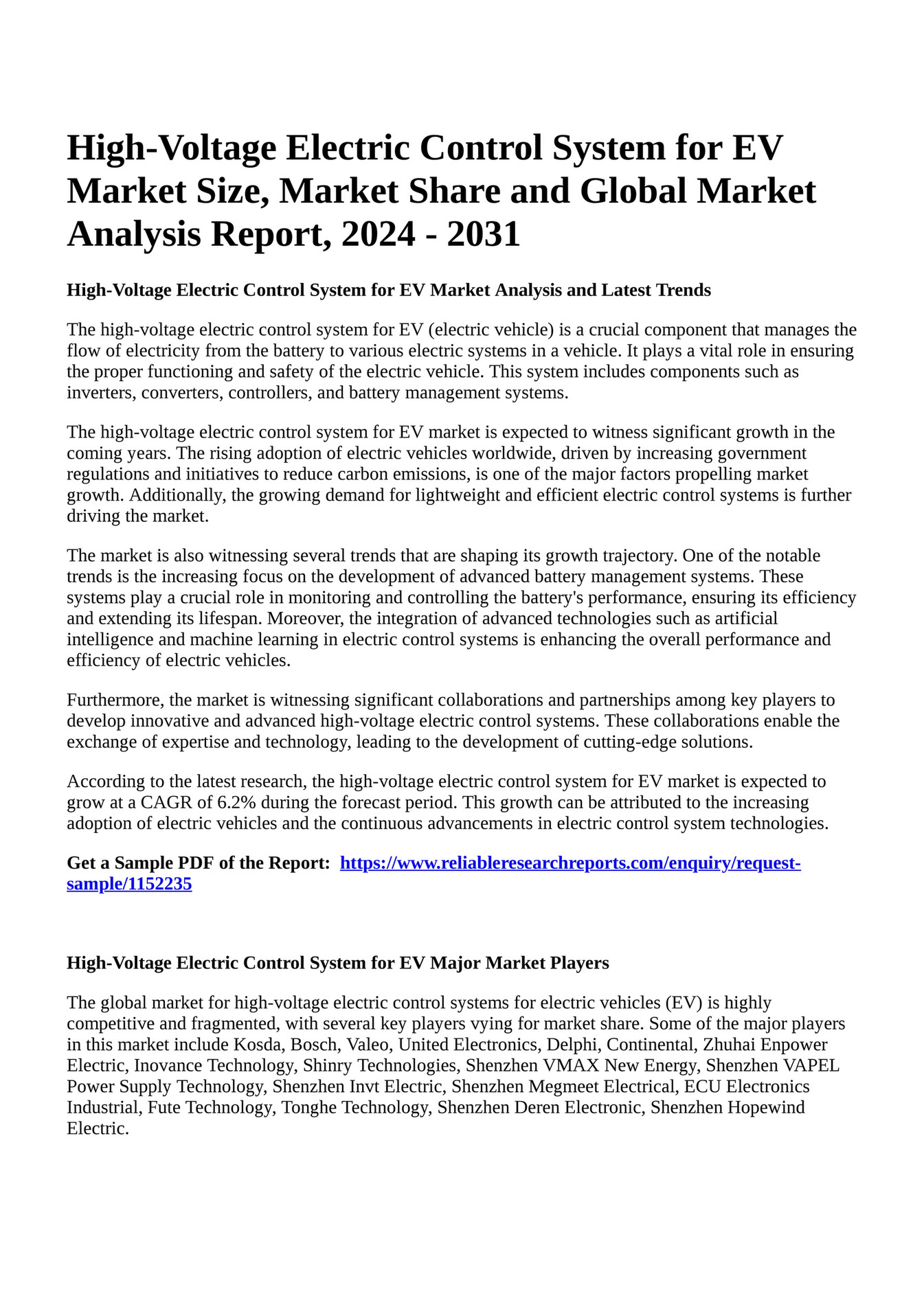 Reportprime HighVoltage Electric Control System for EV Market Size, Market Share and Global