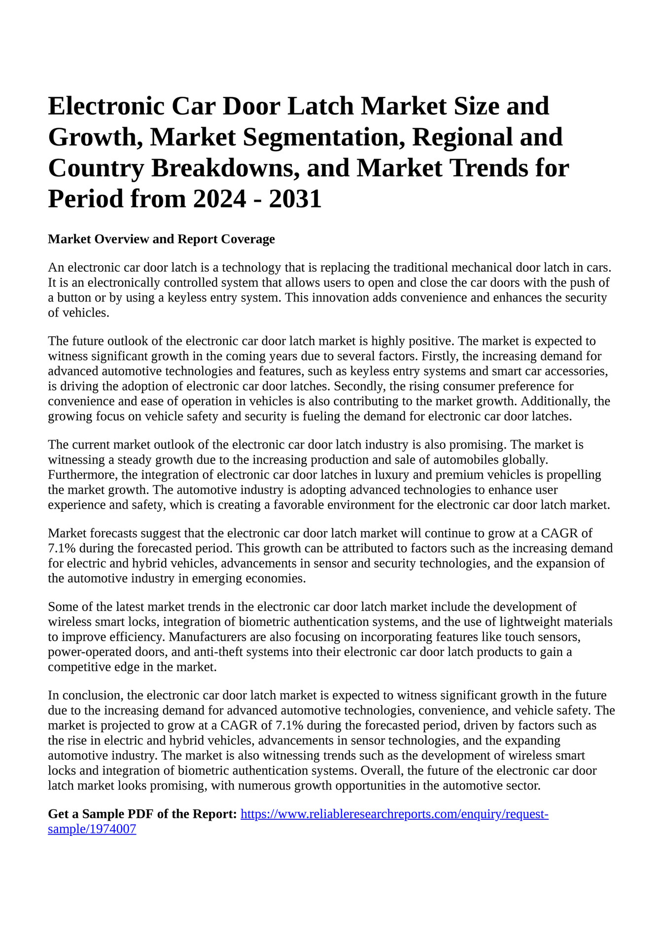 Reportprime Electronic Car Door Latch Market Size and Growth, Market