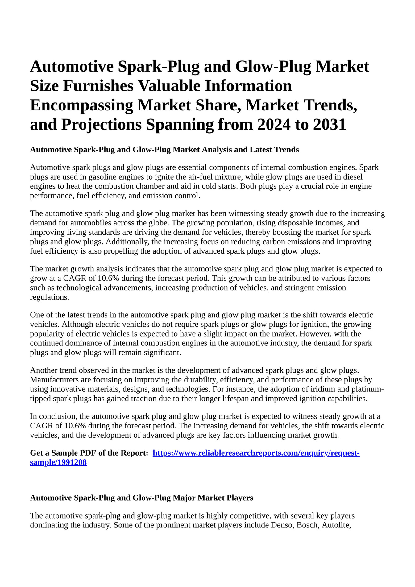 Reportprime Automotive SparkPlug and GlowPlug Market Size Furnishes